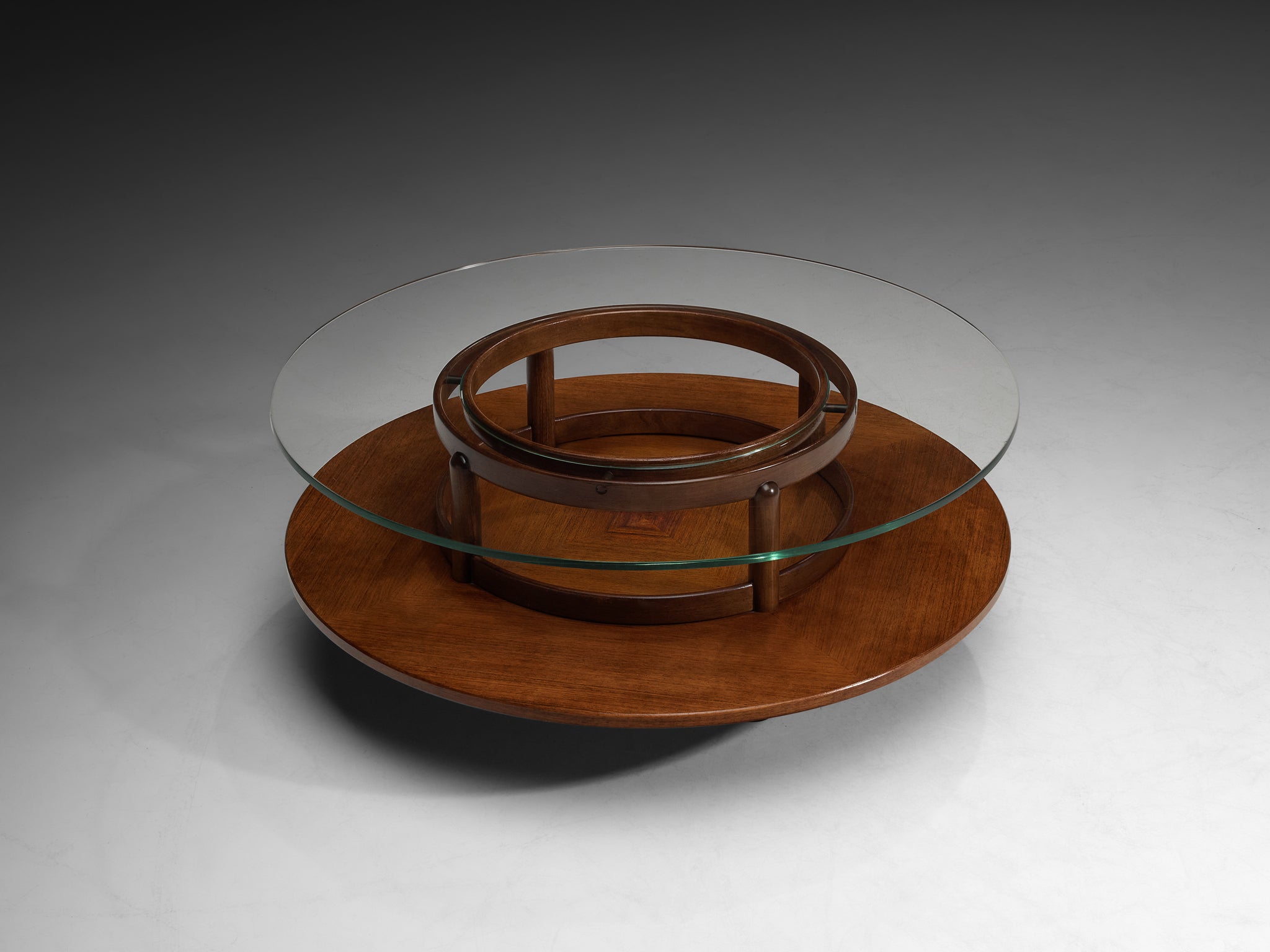 Gianfranco Frattini Round Coffee Table in Walnut and Glass Tables Morentz