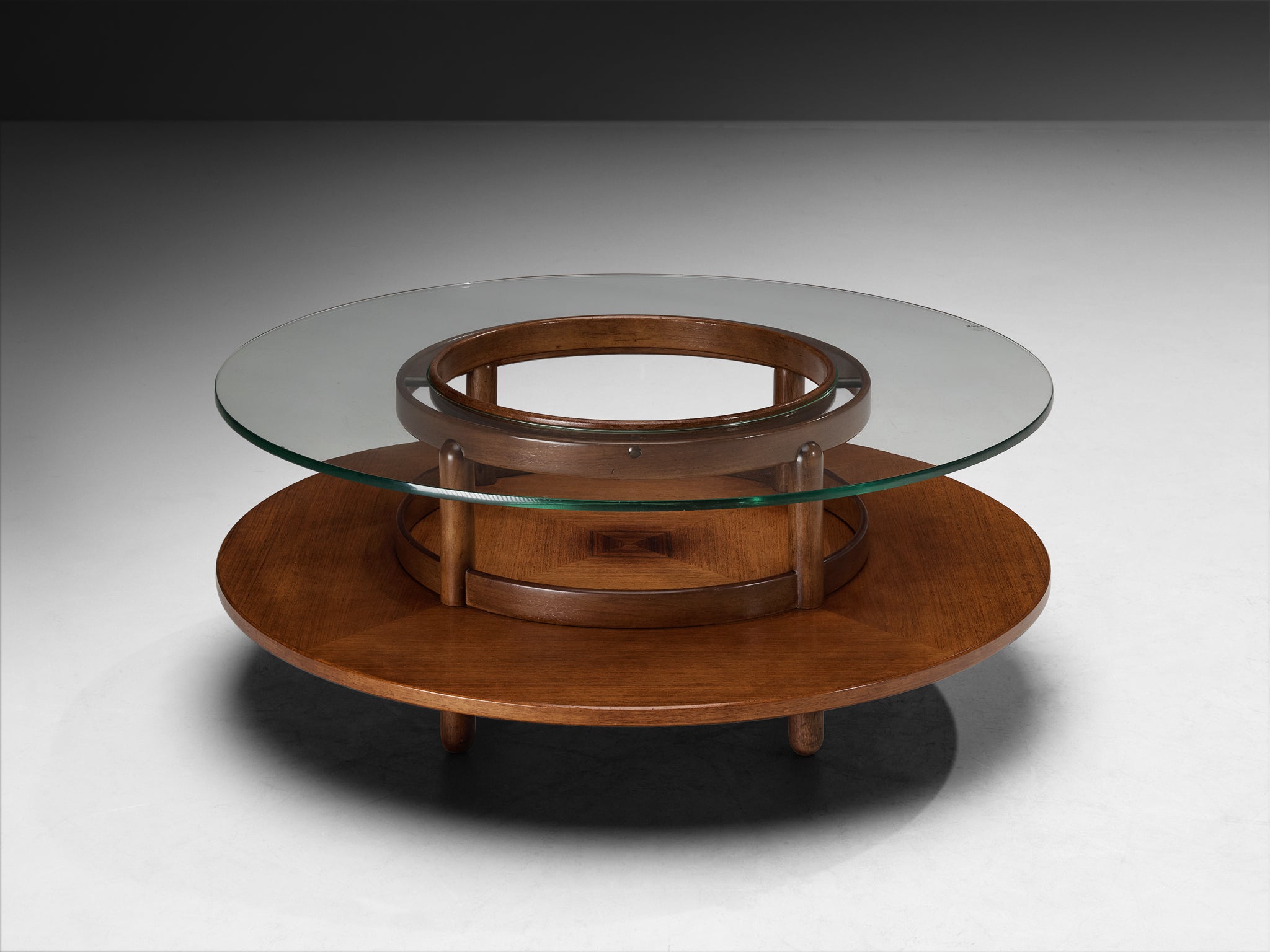 Gianfranco Frattini Round Coffee Table in Walnut and Glass Tables Morentz