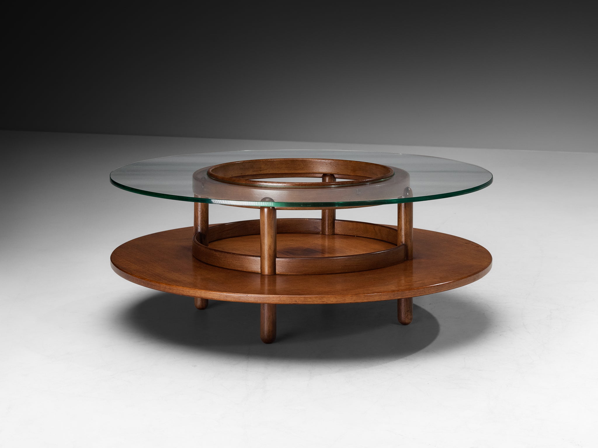 Gianfranco Frattini Round Coffee Table in Walnut and Glass Tables Morentz