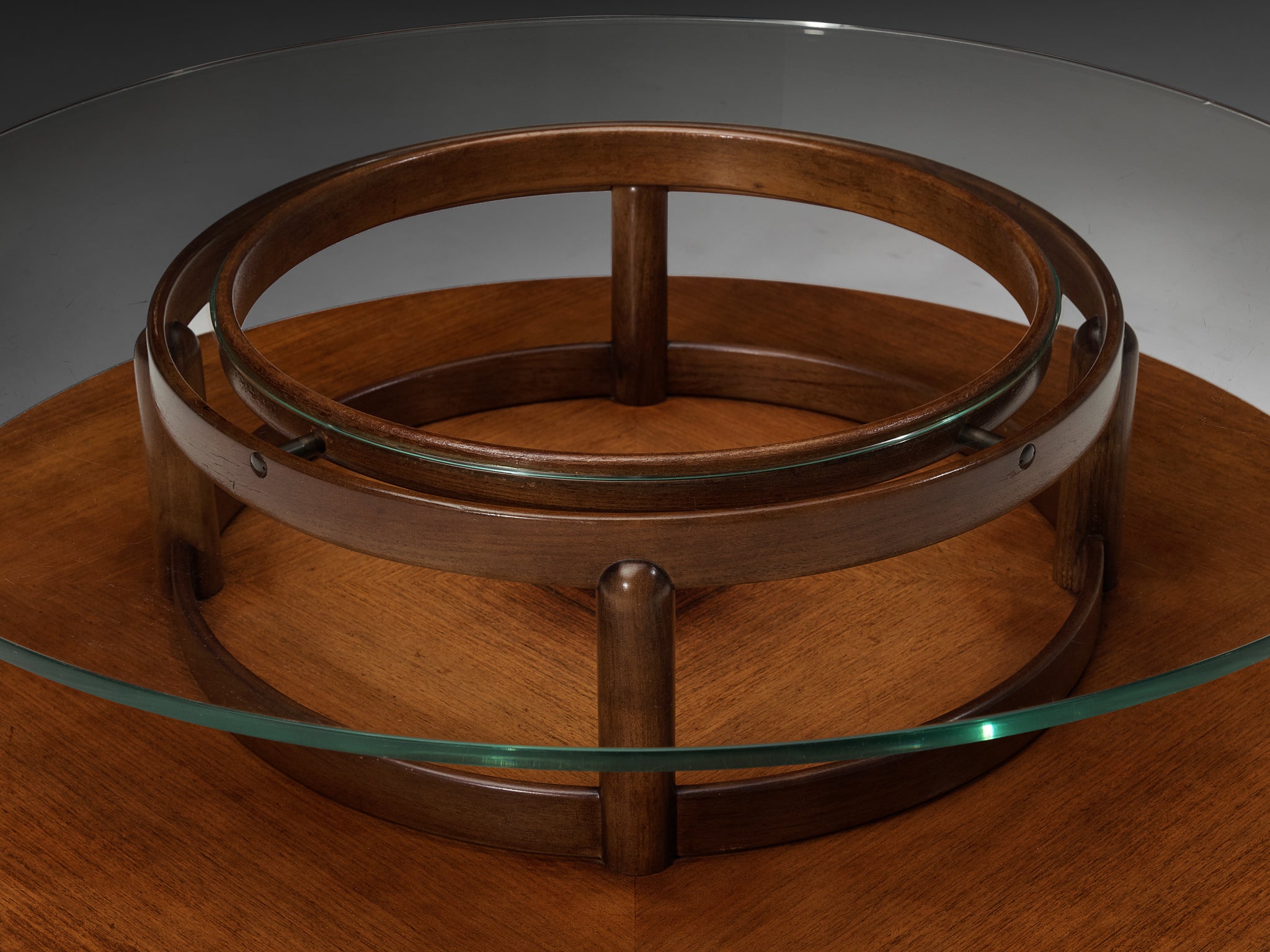 Gianfranco Frattini Round Coffee Table in Walnut and Glass Tables Morentz