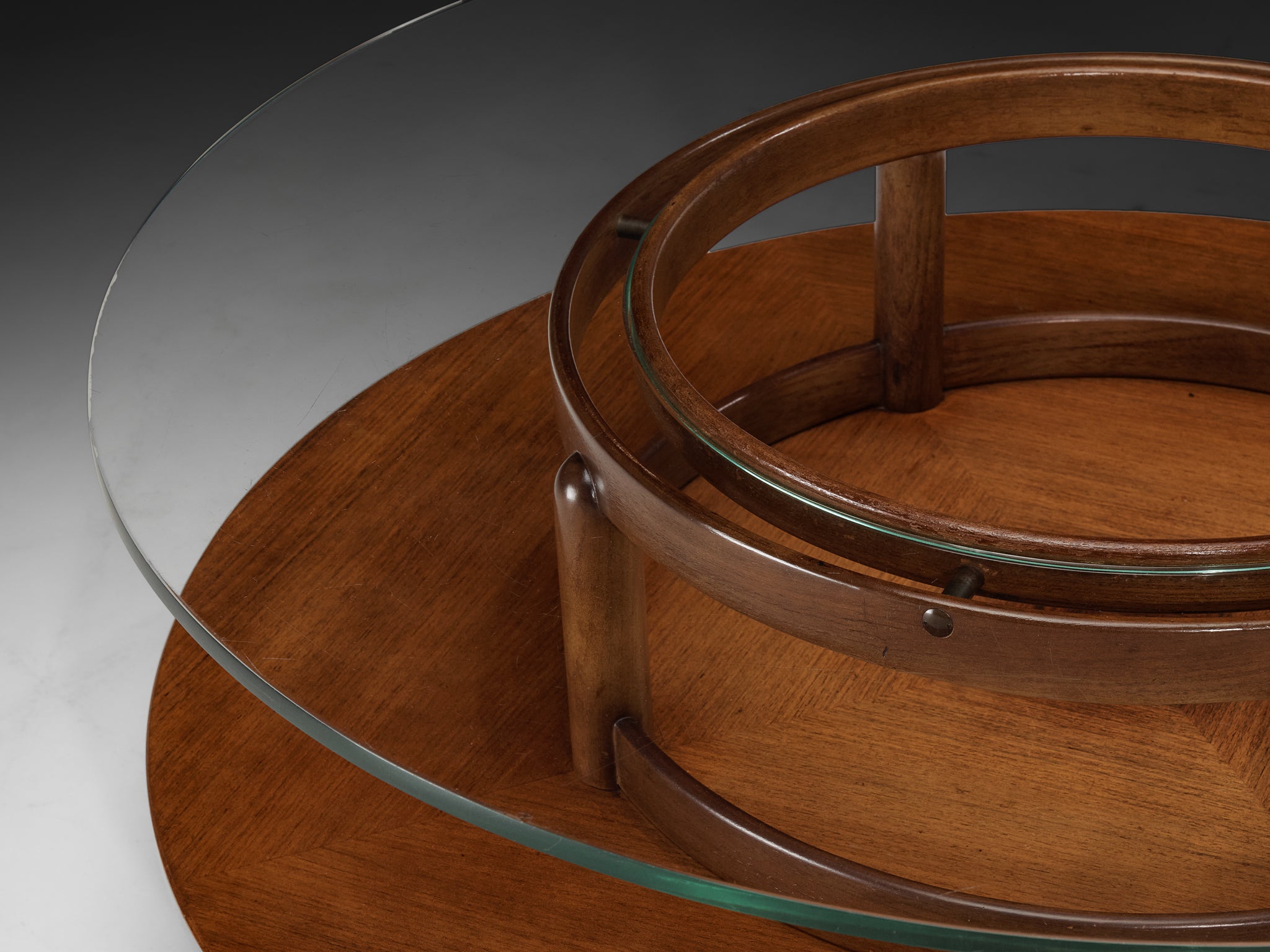 Gianfranco Frattini Round Coffee Table in Walnut and Glass Tables Morentz