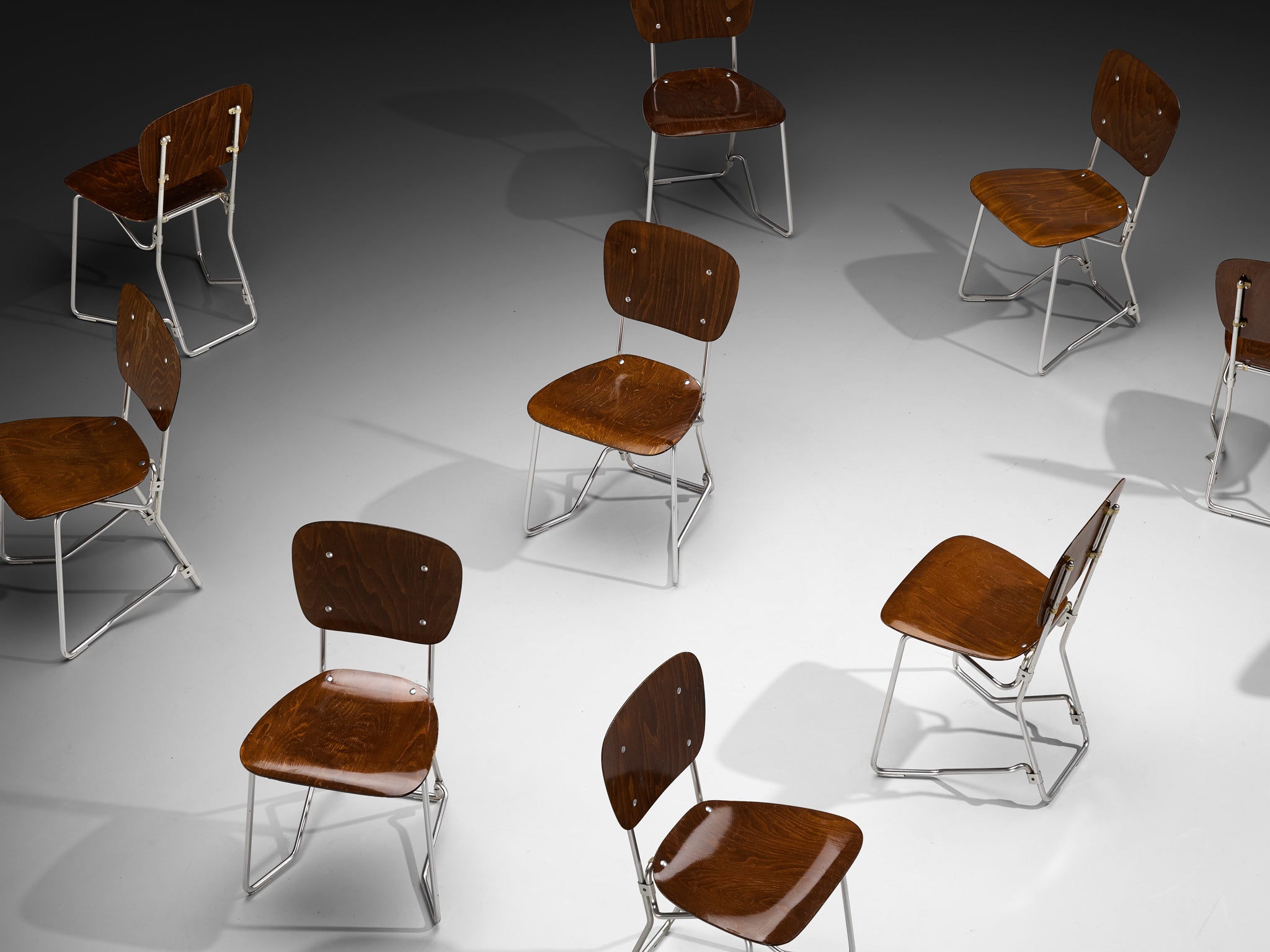 Armin Wirth 'Aluflex' Folding and Nesting Chairs in Rare Dark Plywood and Aluminum Seating Morentz