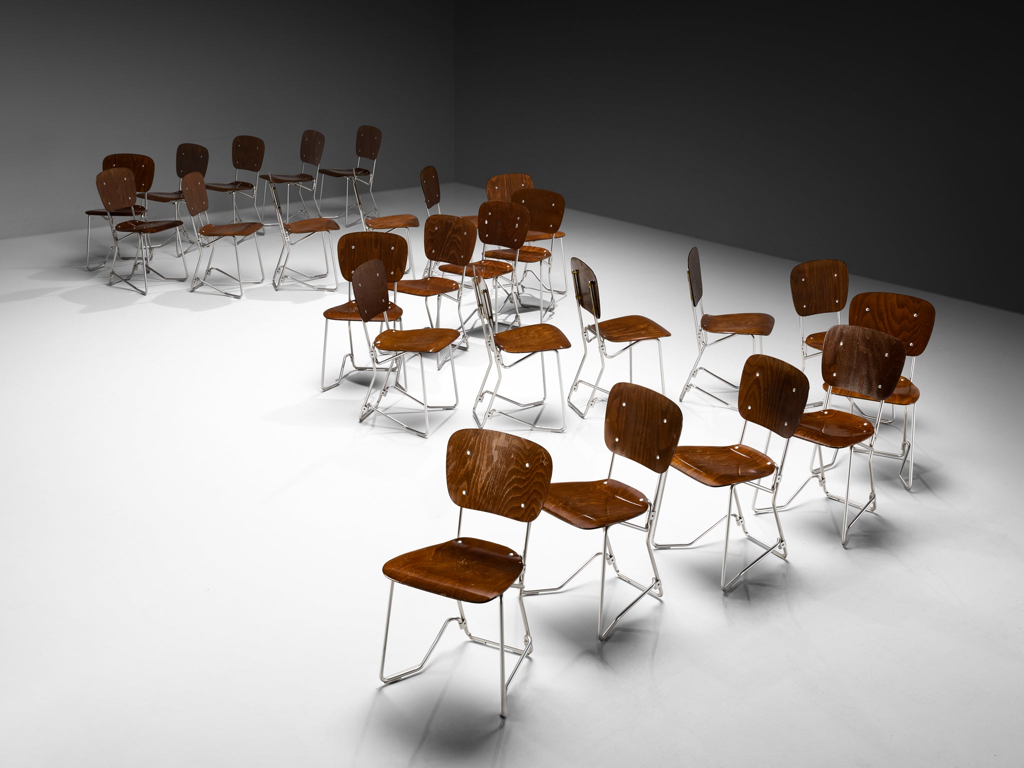 Armin Wirth 'Aluflex' Folding and Nesting Chairs in Rare Dark Plywood and Aluminum