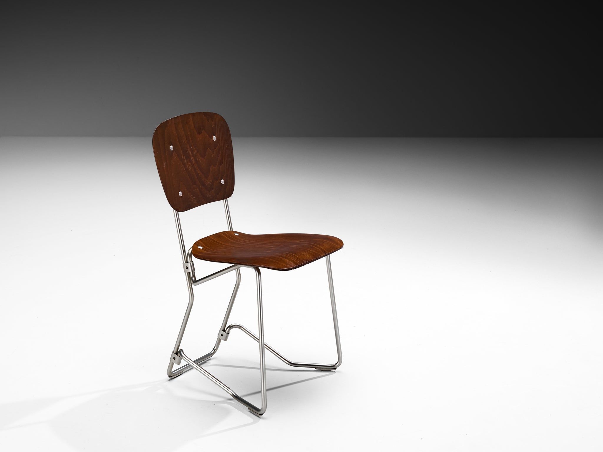 Armin Wirth 'Aluflex' Folding and Nesting Chairs in Rare Dark Plywood and Aluminum Seating Morentz