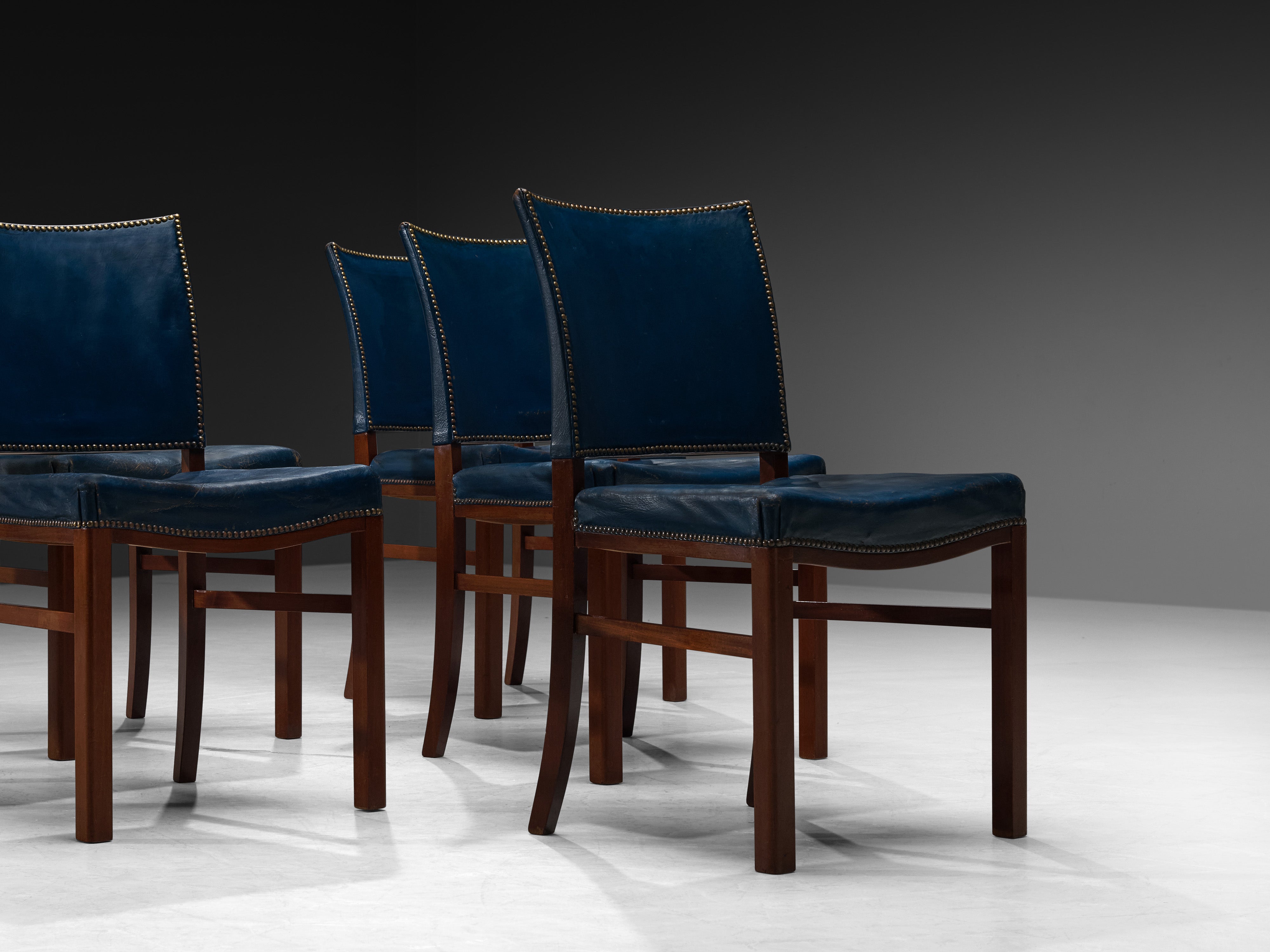 Danish Modern 1940s Set of Six Dining Chairs in Blue Leather and Mahogany Seating Morentz