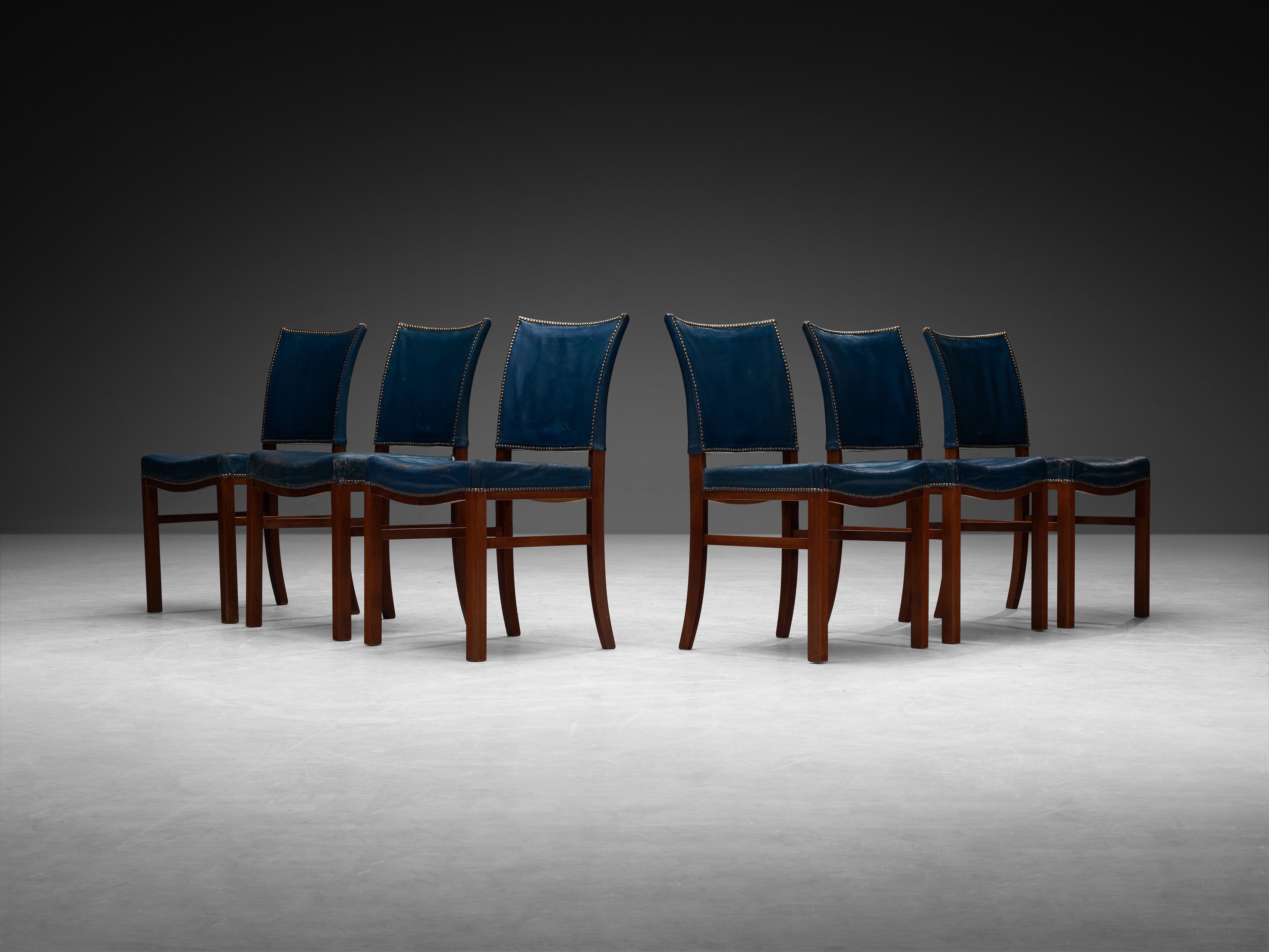 Danish Modern 1940s Set of Six Dining Chairs in Blue Leather and Mahogany Seating Morentz