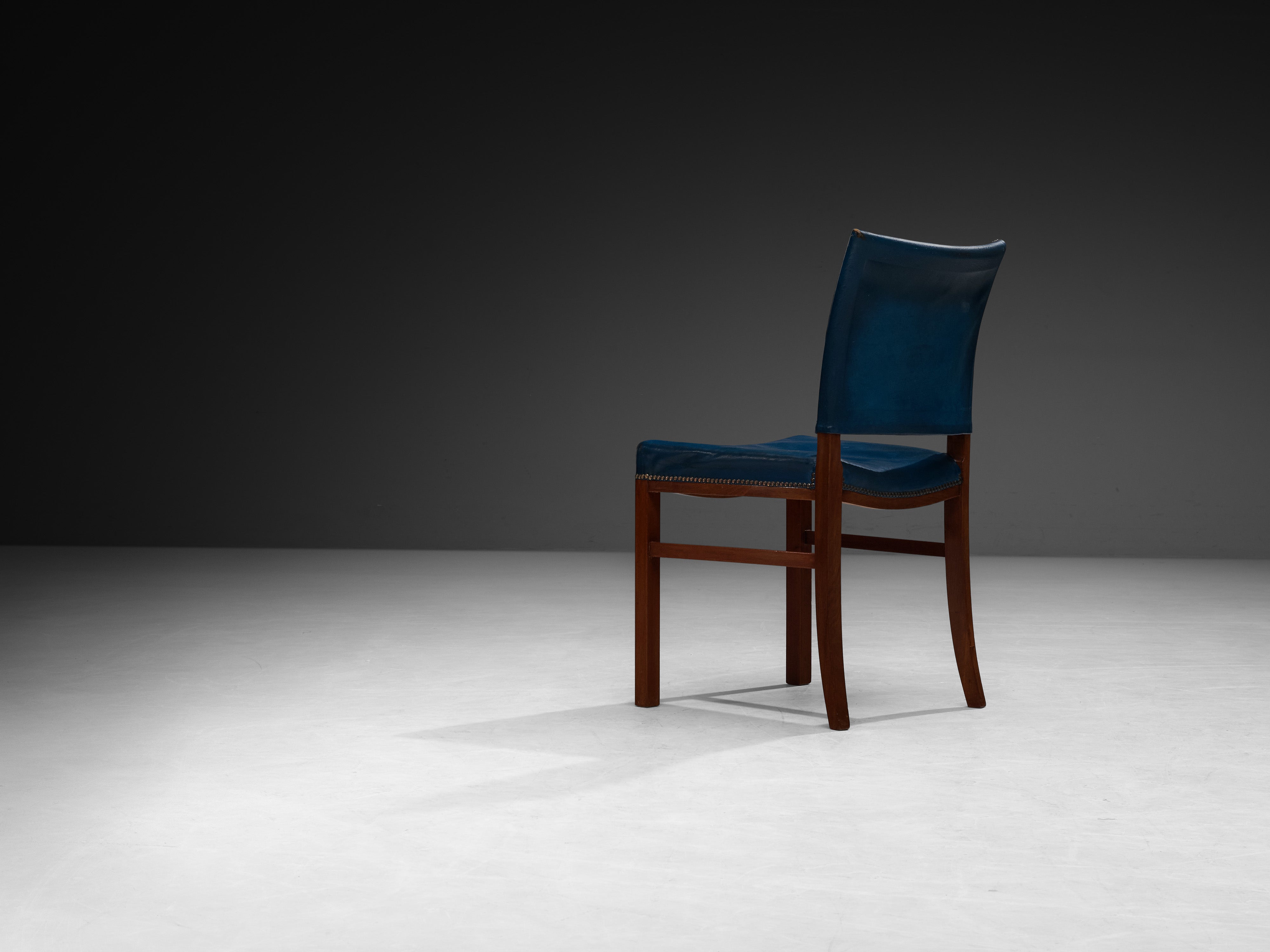 Danish Modern 1940s Set of Six Dining Chairs in Blue Leather and Mahogany Seating Morentz