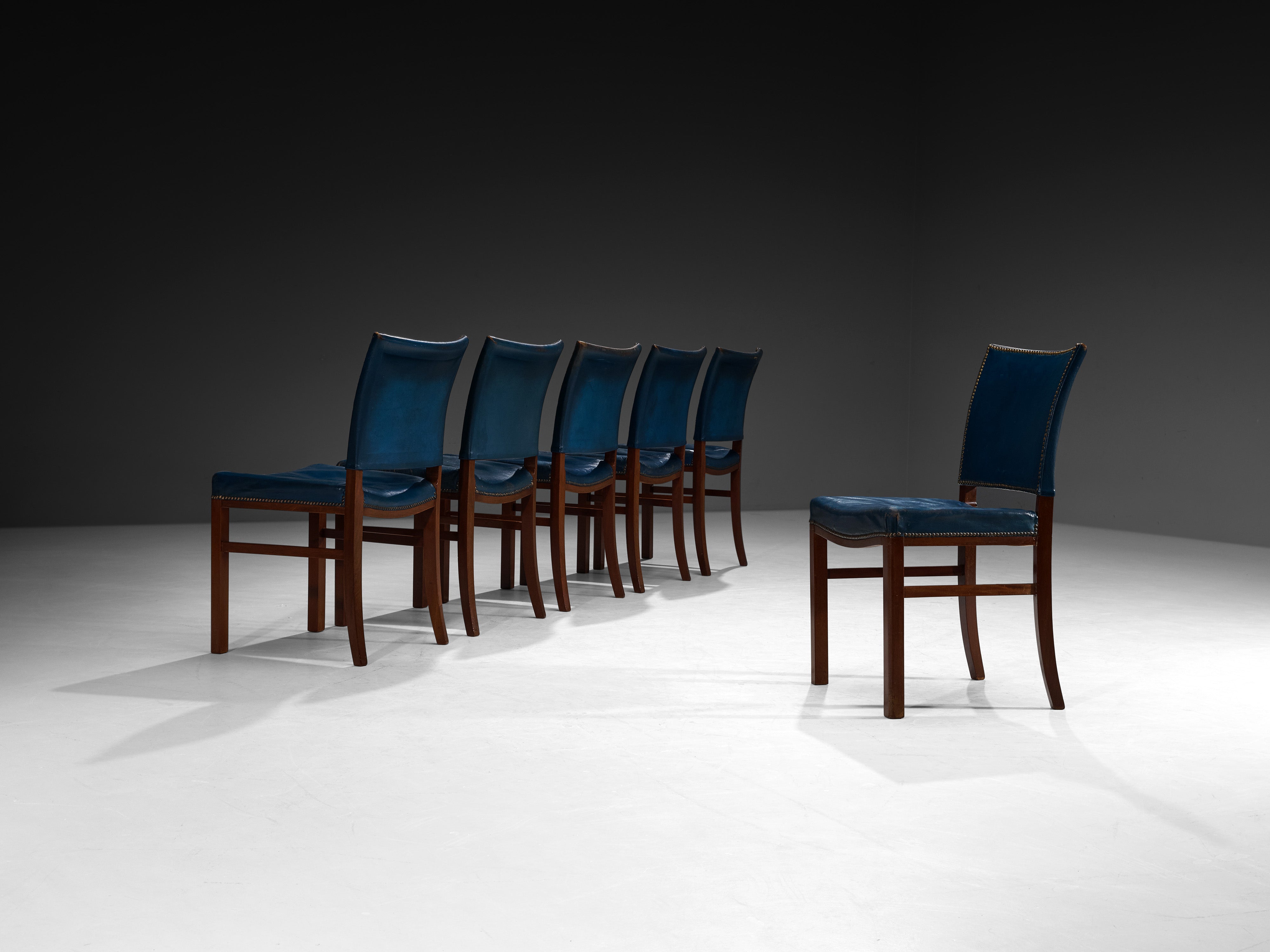 Danish Modern 1940s Set of Six Dining Chairs in Blue Leather and Mahogany Seating Morentz