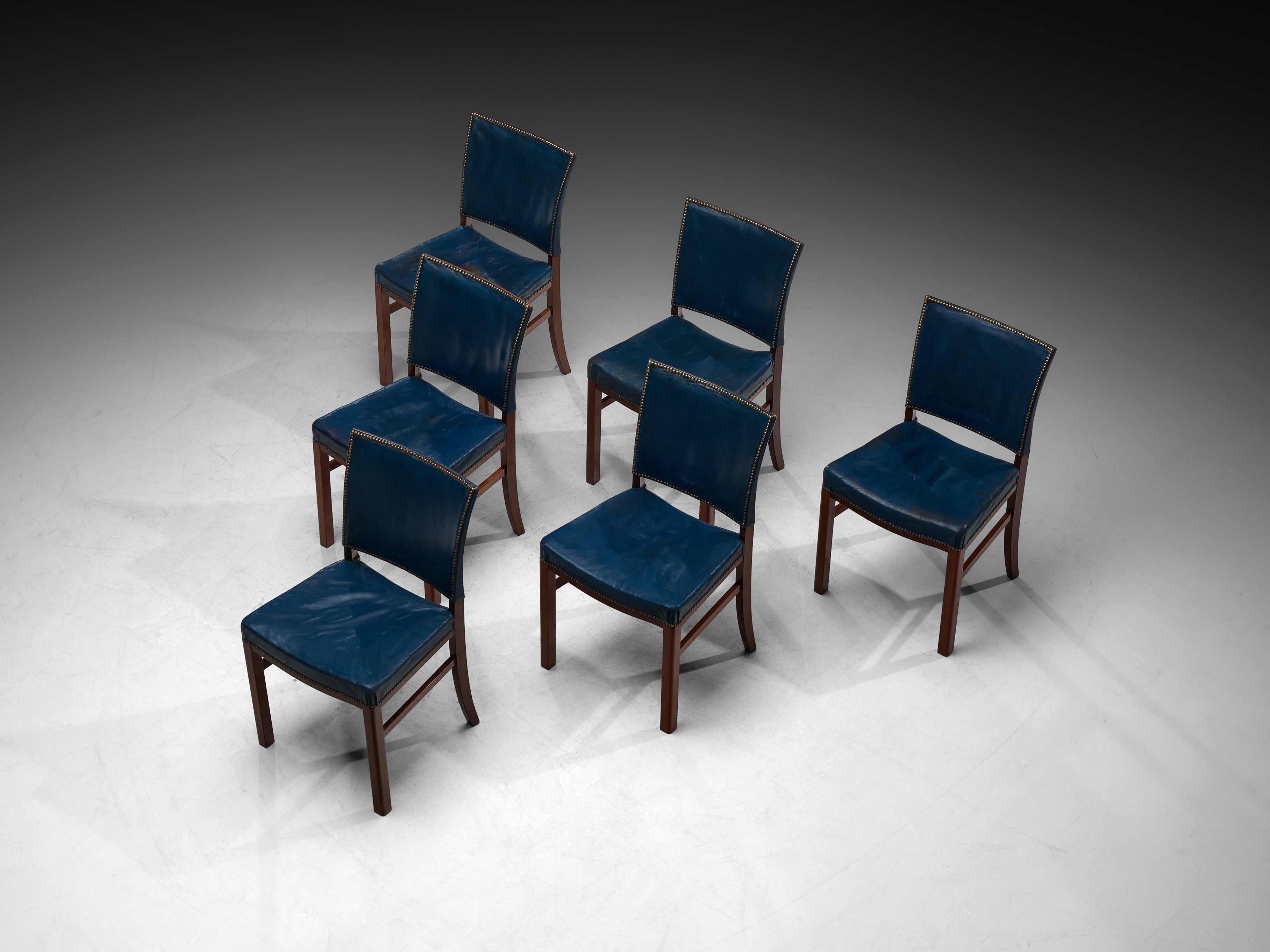 Danish Modern 1940s Set of Six Dining Chairs in Blue Leather and Mahogany Seating Morentz