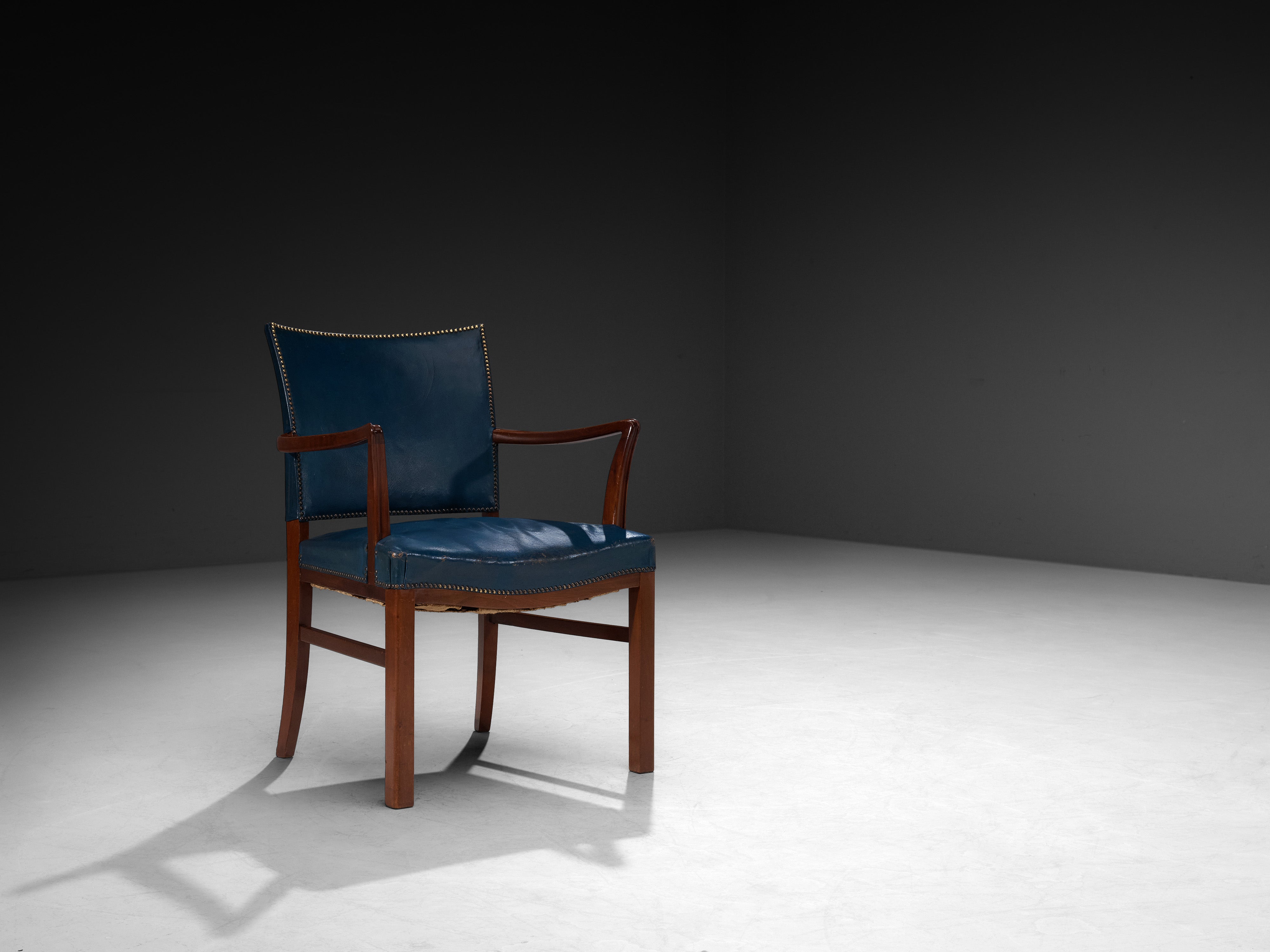 Danish Modern 1940s Armchair in Blue Leather and Mahogany Seating Morentz