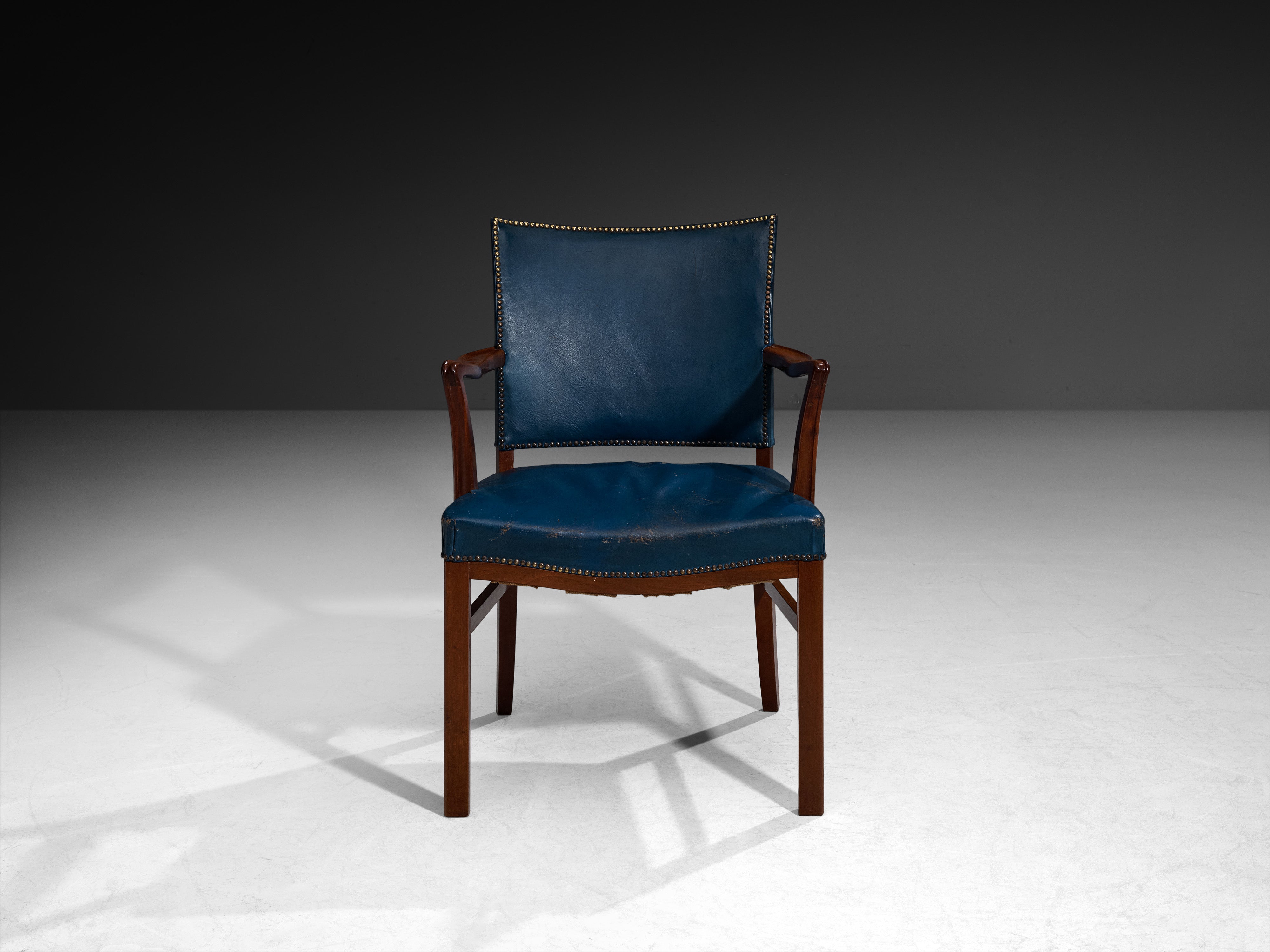 Danish Modern 1940s Armchair in Blue Leather and Mahogany Seating Morentz