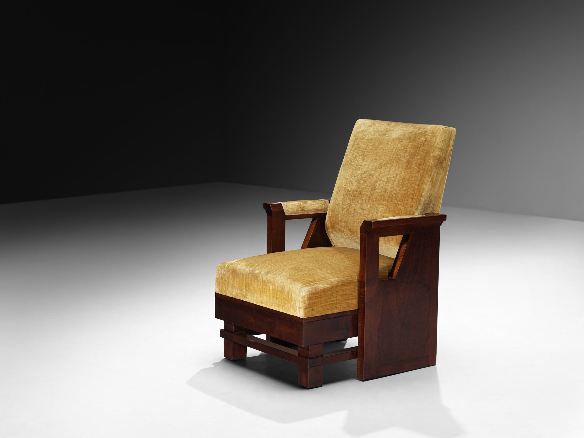 Pair of Italian Art Deco Armchairs in Wood and Ochre Velvet Seating Morentz