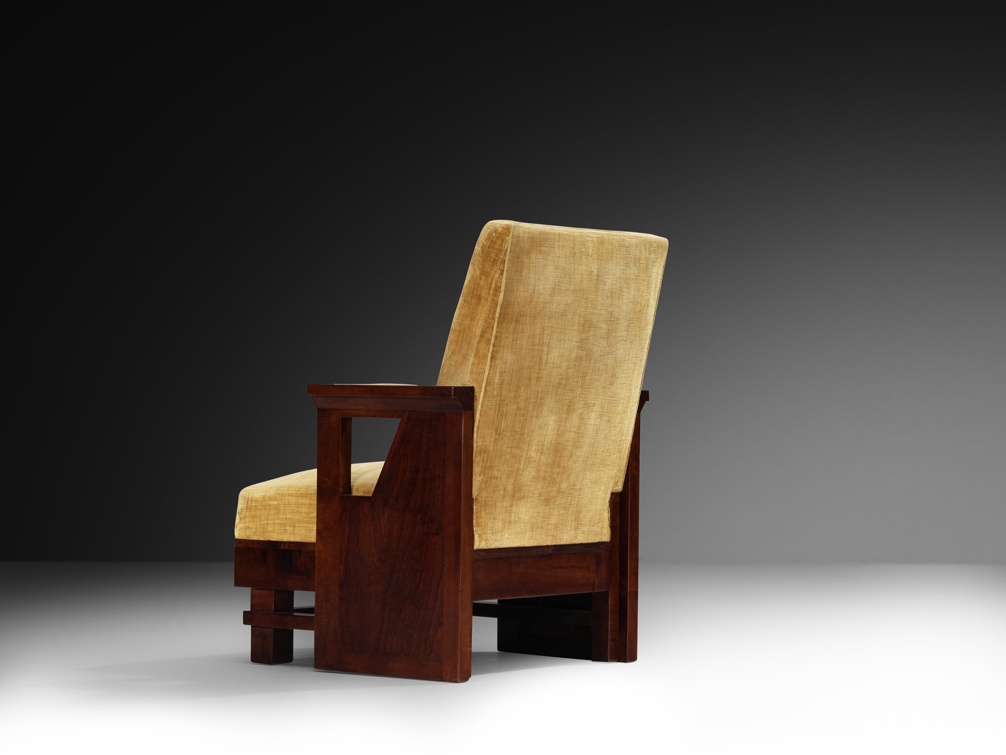 Pair of Italian Art Deco Armchairs in Wood and Ochre Velvet Seating Morentz