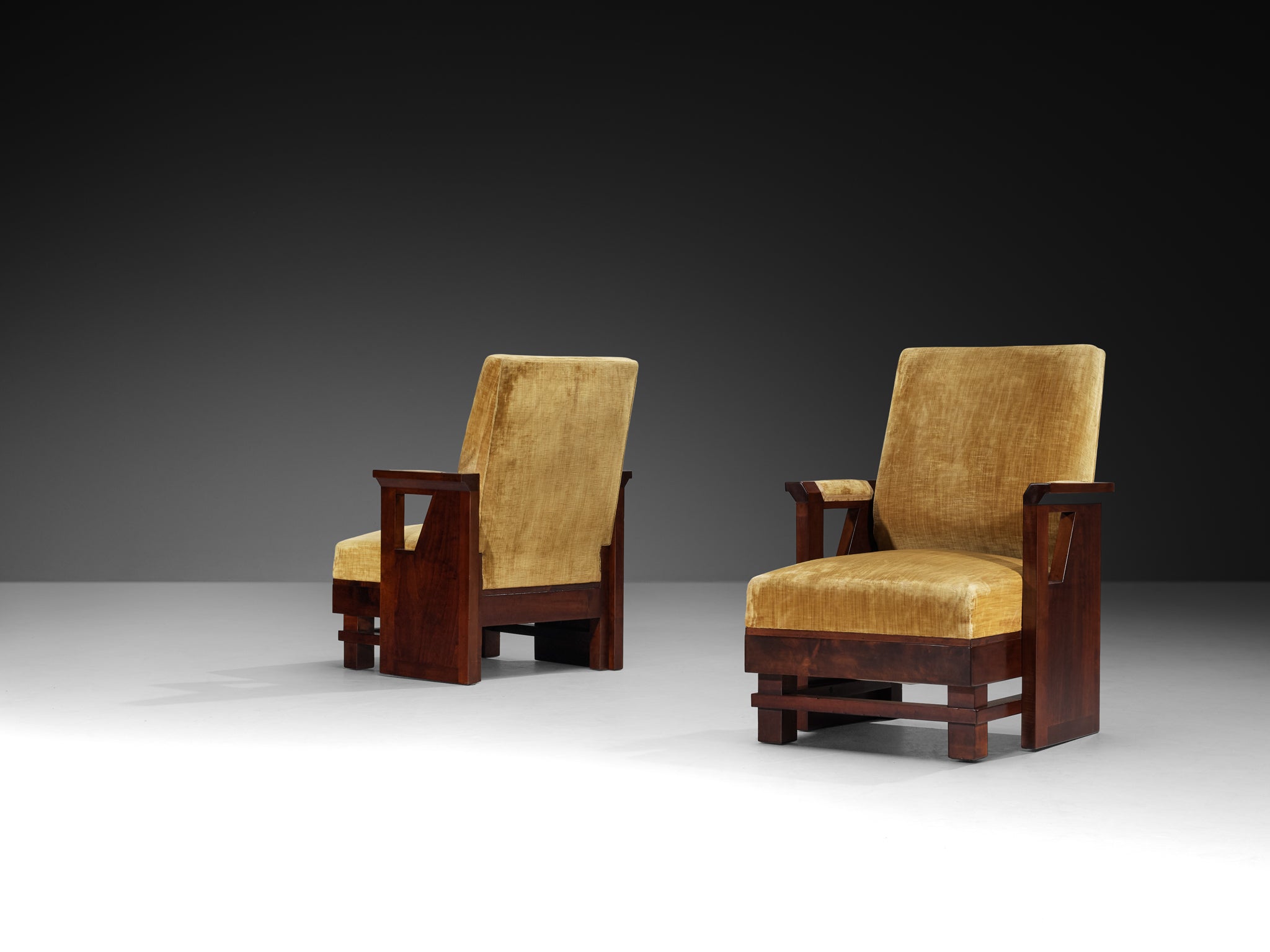 Pair of Italian Art Deco Armchairs in Wood and Ochre Velvet Seating Morentz