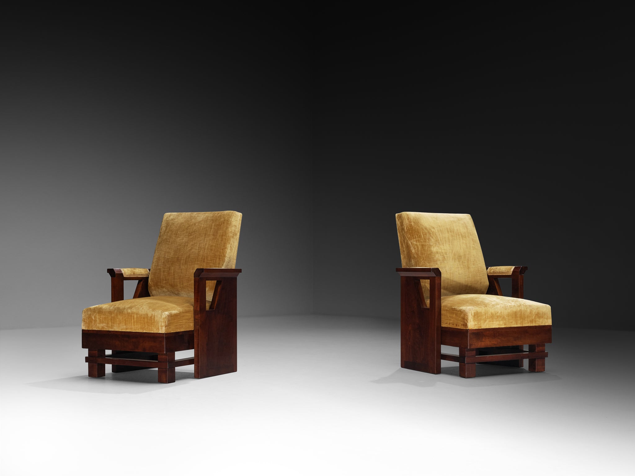 Pair of Italian Art Deco Armchairs in Wood and Ochre Velvet Seating Morentz