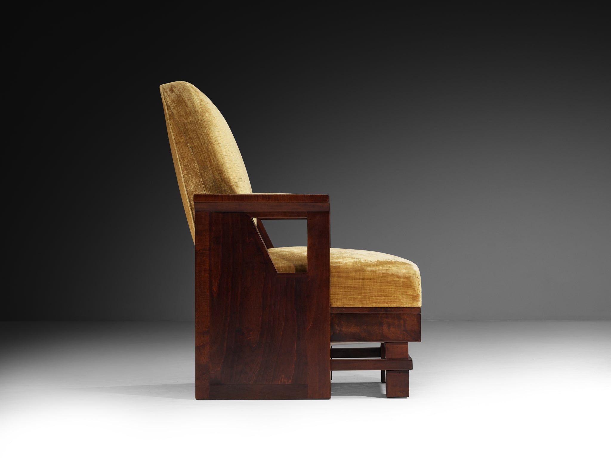 Pair of Italian Art Deco Armchairs in Wood and Ochre Velvet Seating Morentz