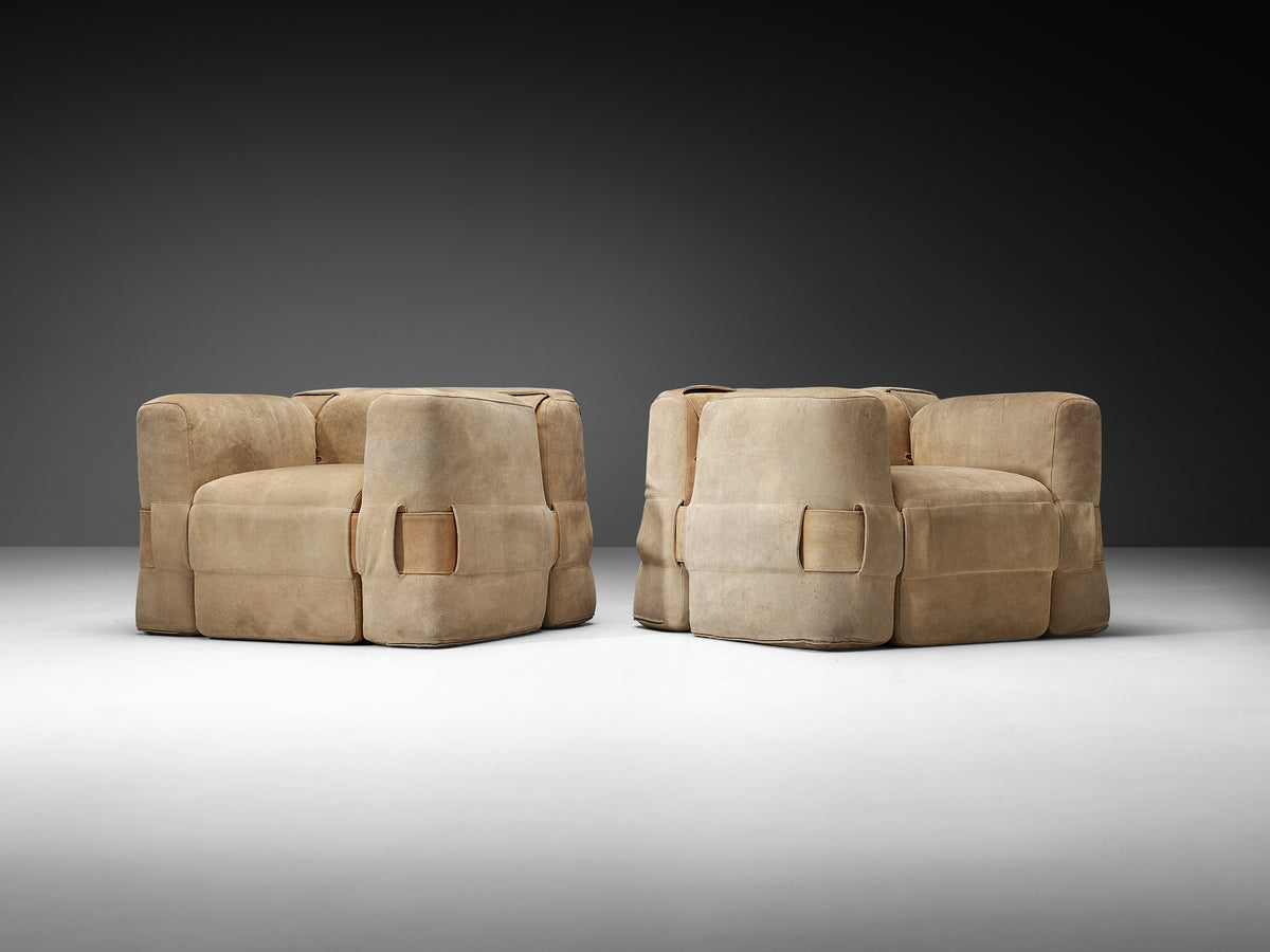 Mario Bellini for Cassina Pair of 'Quartet' Lounge Chairs in Beige Suede Seating Morentz
