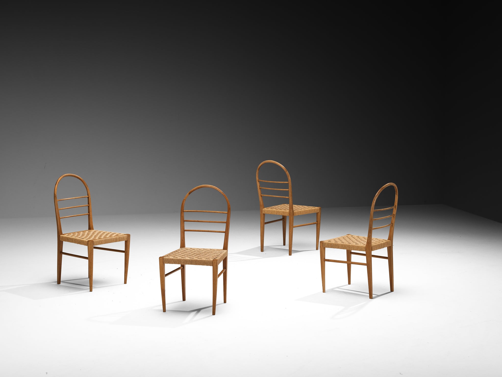 Mid-Century Set of Four Sculptural Dining Chairs in Cherry Wood with Rush Seats Seating Morentz