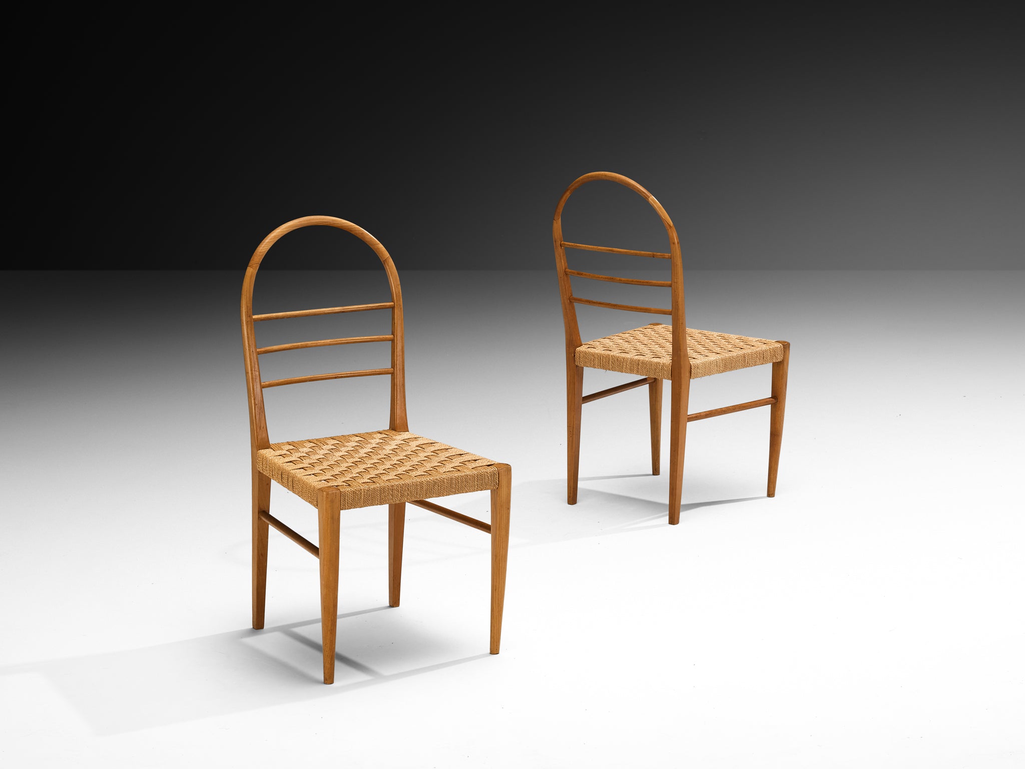 Mid-Century Set of Four Sculptural Dining Chairs in Cherry Wood with Rush Seats Seating Morentz