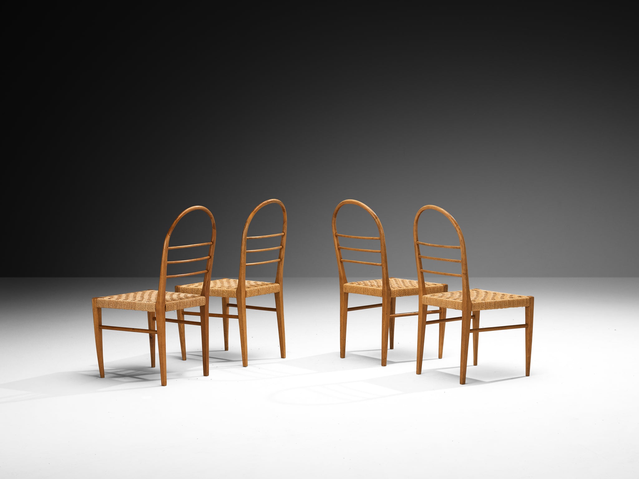 Mid-Century Set of Four Sculptural Dining Chairs in Cherry Wood with Rush Seats Seating Morentz