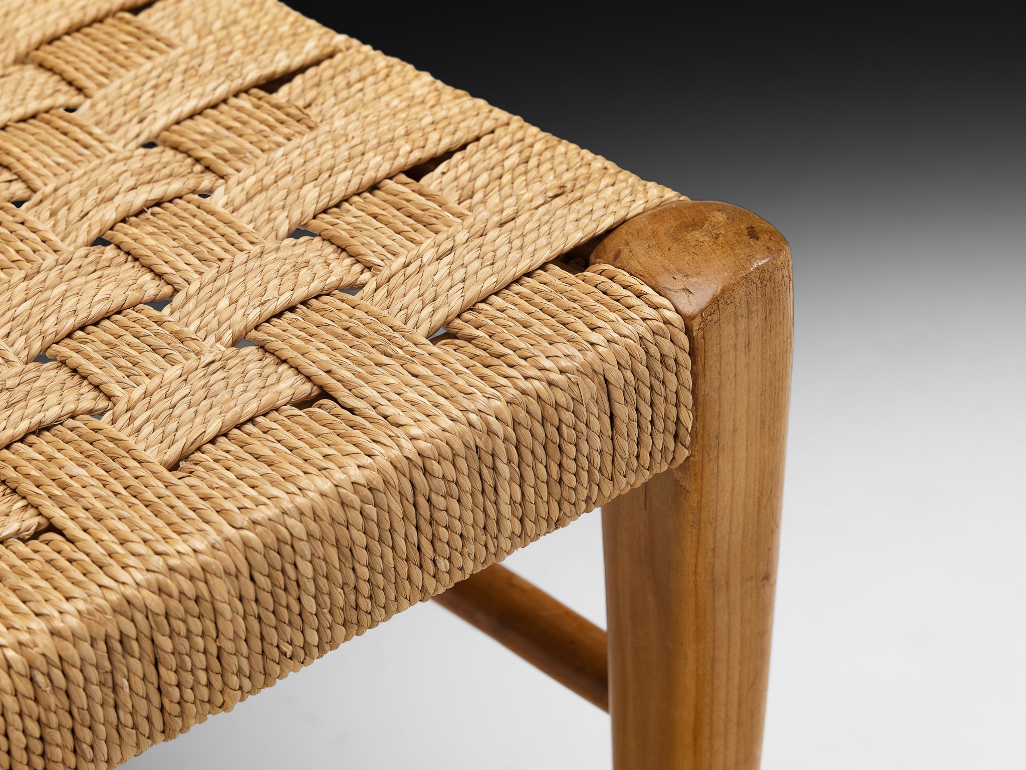 Mid-Century Set of Four Sculptural Dining Chairs in Cherry Wood with Rush Seats Seating Morentz