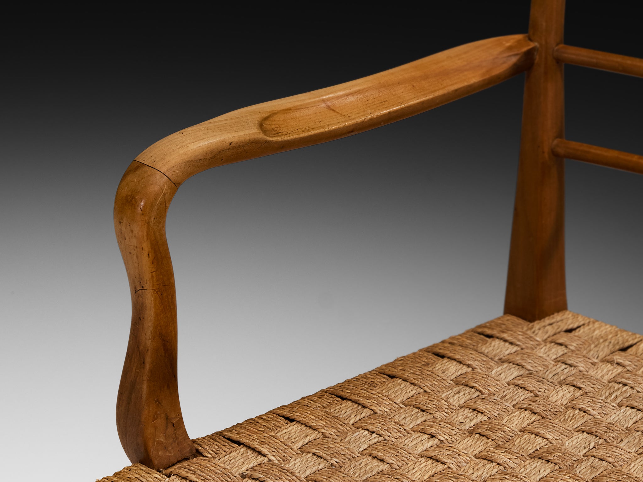 Mid-Century Pair of Sculptural Armchairs in Cherry Wood with Rush Seats Seating Morentz
