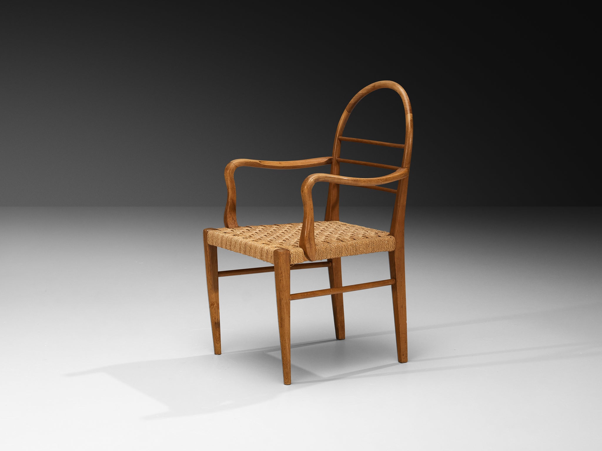 Mid-Century Pair of Sculptural Armchairs in Cherry Wood with Rush Seats Seating Morentz