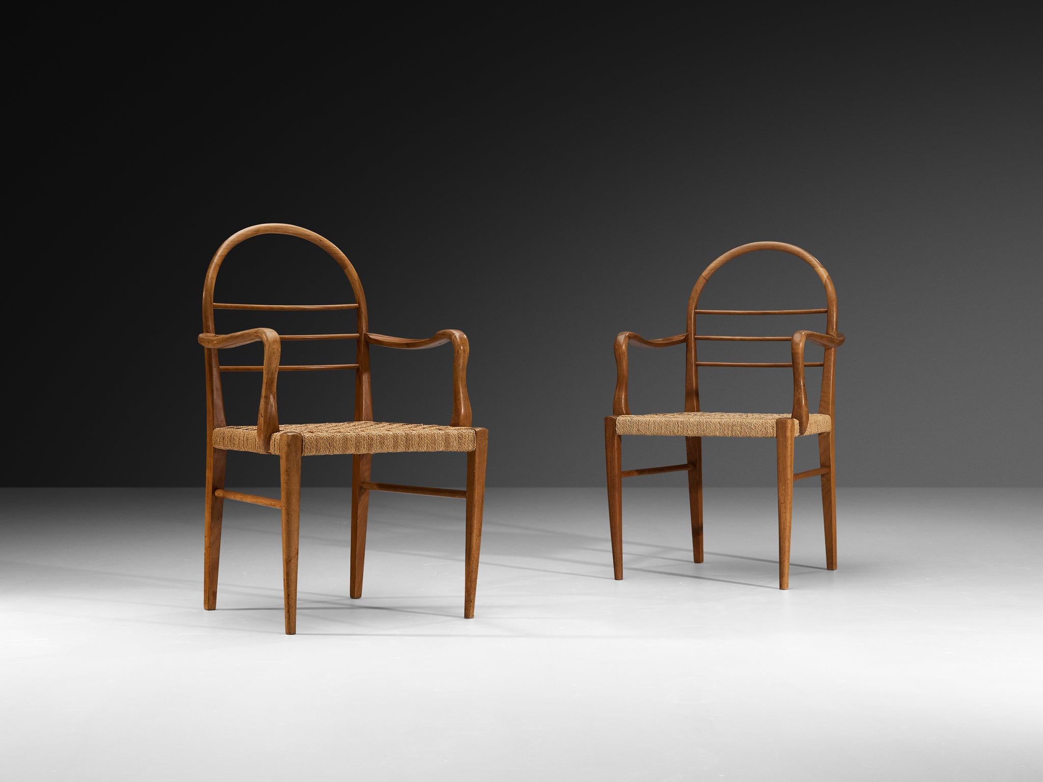 Mid-Century Pair of Sculptural Armchairs in Cherry Wood with Rush Seats Seating Morentz