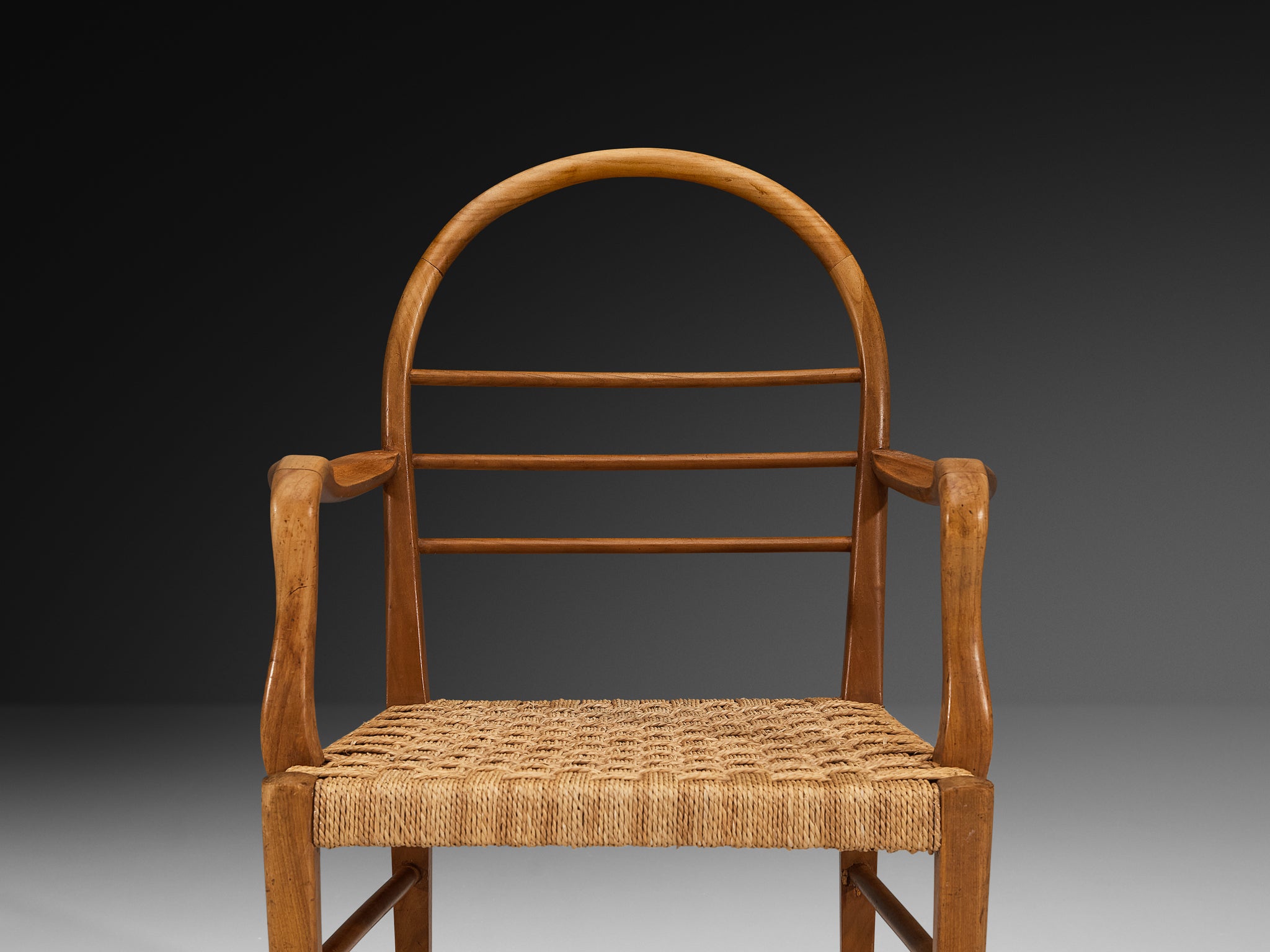 Mid-Century Pair of Sculptural Armchairs in Cherry Wood with Rush Seats Seating Morentz