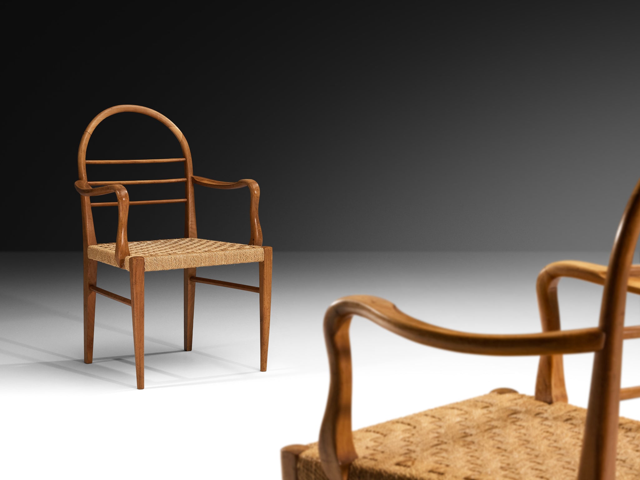 Mid-Century Pair of Sculptural Armchairs in Cherry Wood with Rush Seats Seating Morentz