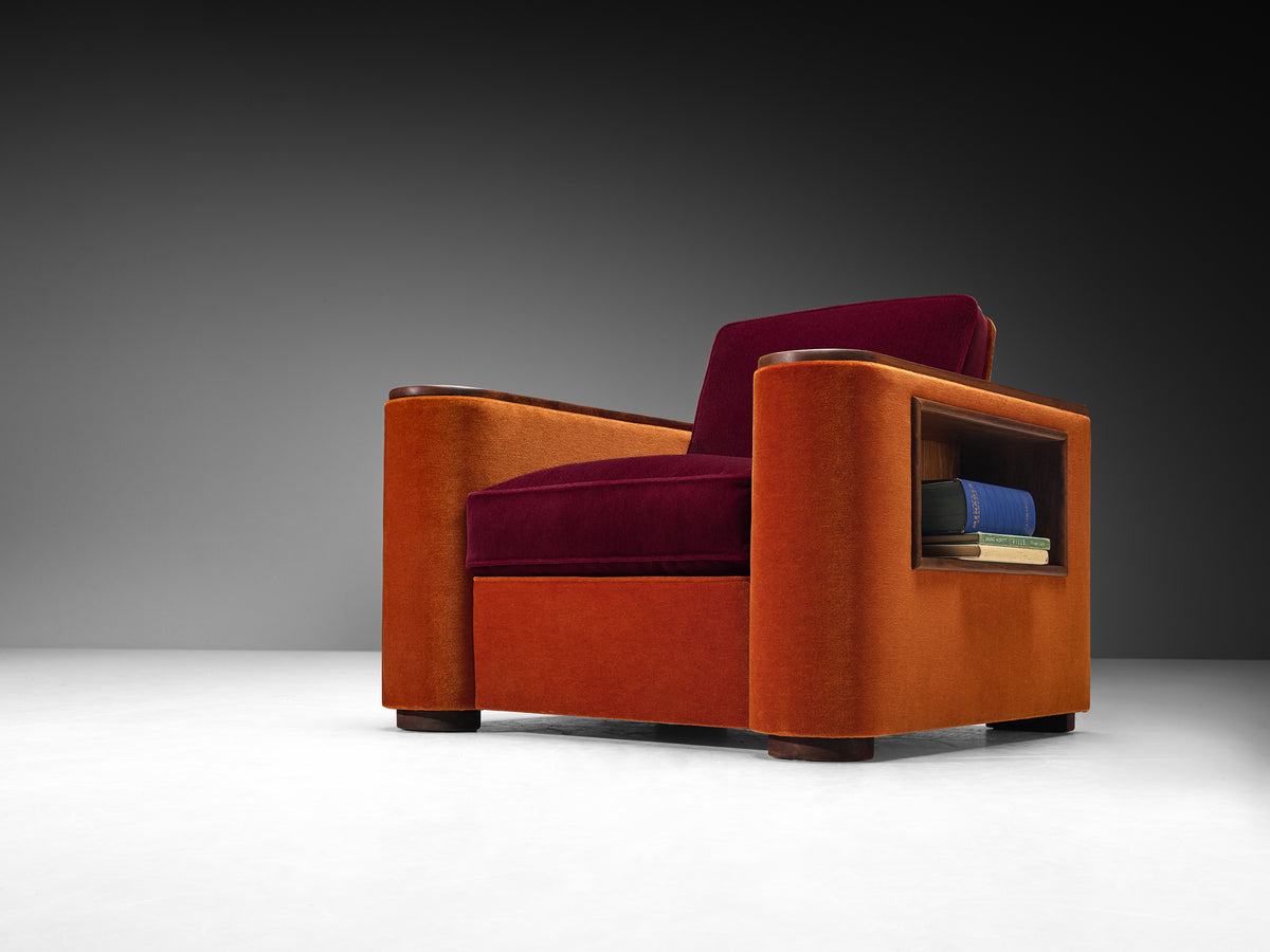 Rare Jean Pascaud Pair of Lounge Chairs with Compartments in Pierre Frey Mohair Seating Morentz
