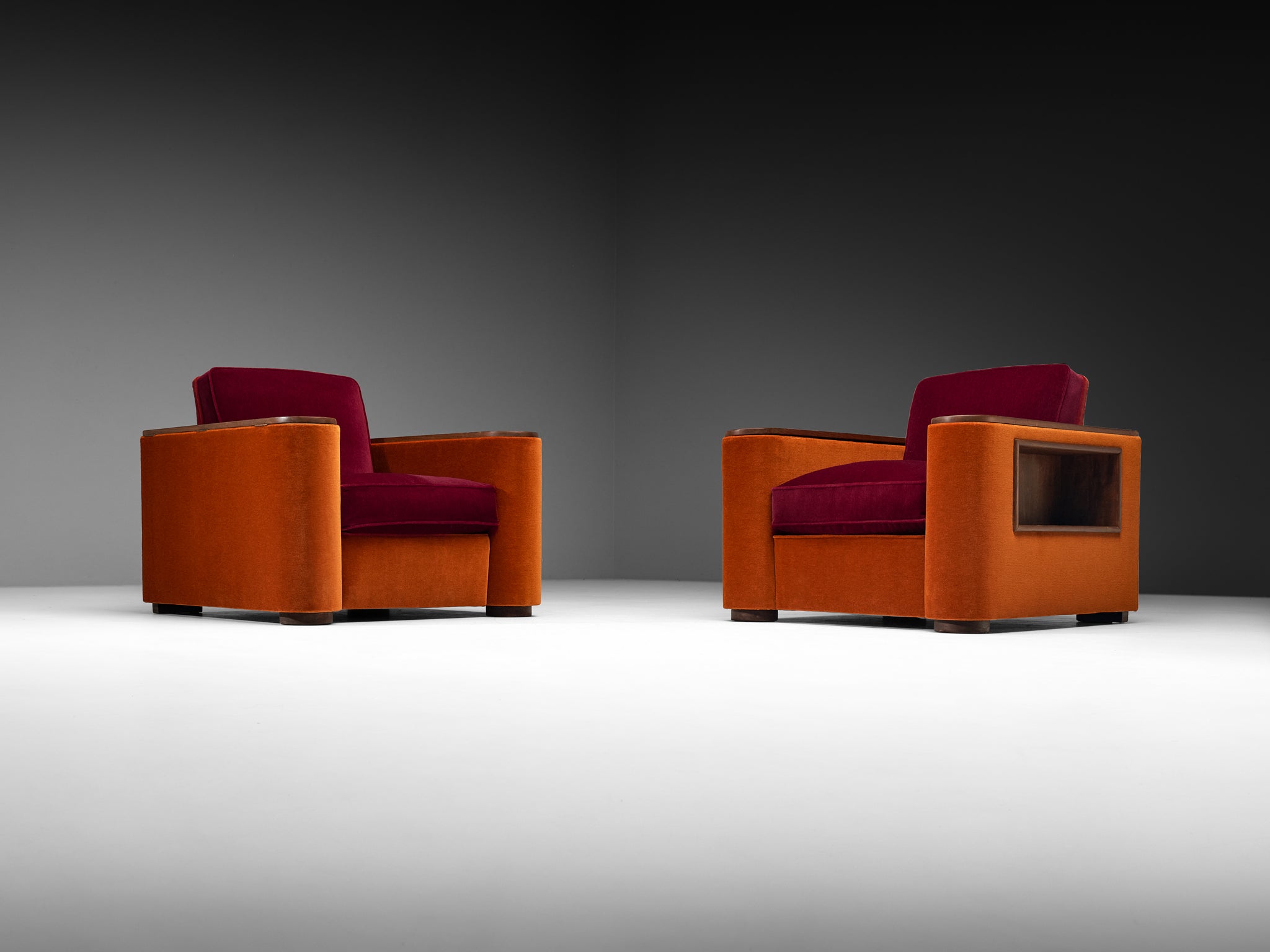 Rare Jean Pascaud Pair of Lounge Chairs with Compartments in Pierre Frey Mohair