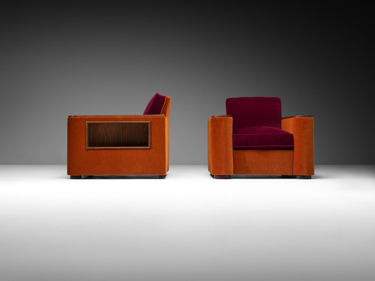 Rare Jean Pascaud Pair of Lounge Chairs with Compartments in Pierre Frey Mohair Seating Morentz