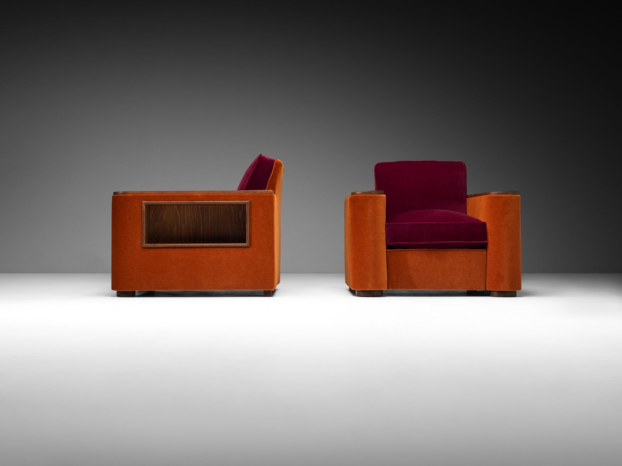 Rare Jean Pascaud Pair of Lounge Chairs with Compartments in Pierre Frey Mohair