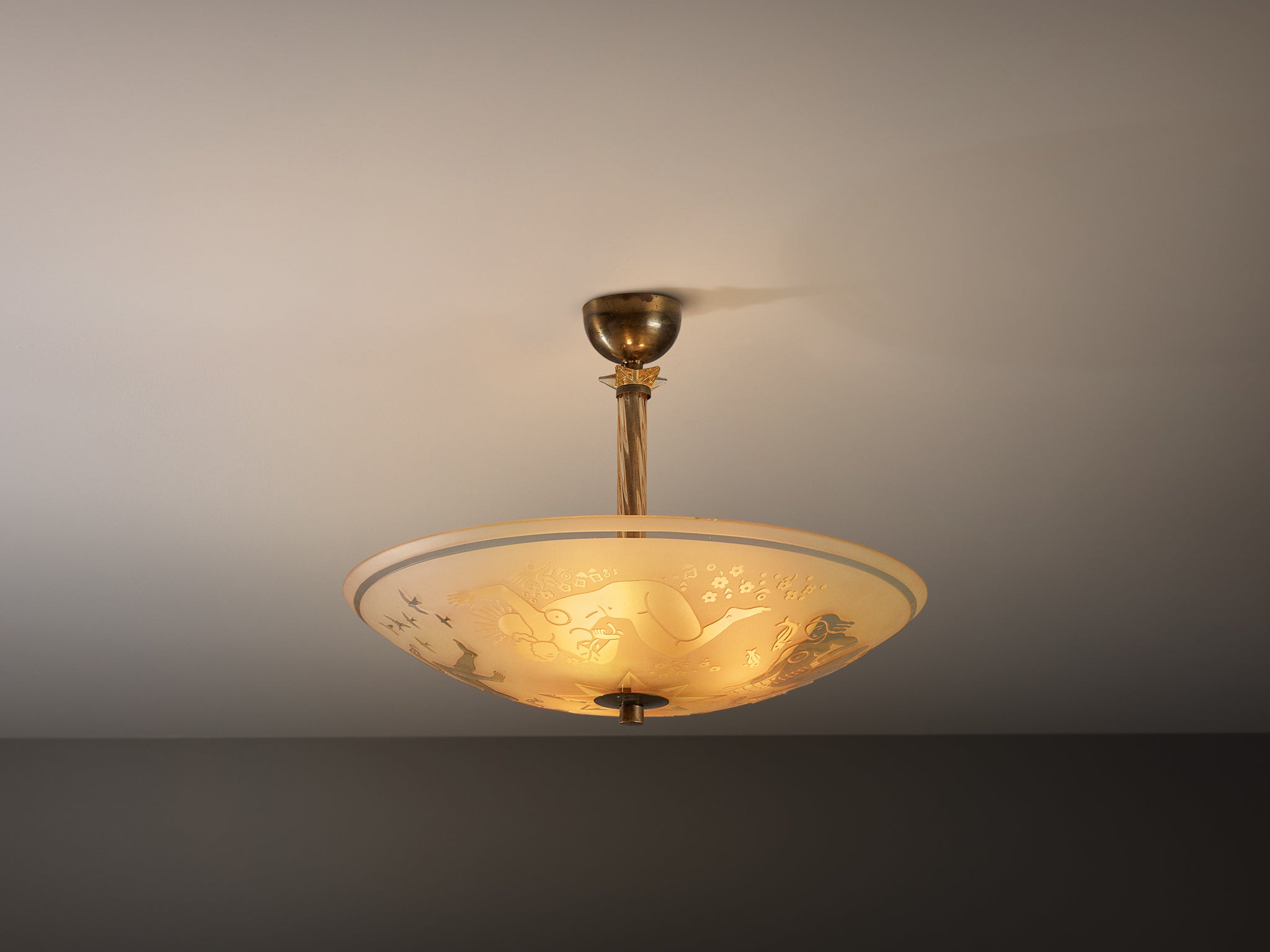 Edward Hald for Orrefors Chandelier in Brass and Glass Lighting Morentz