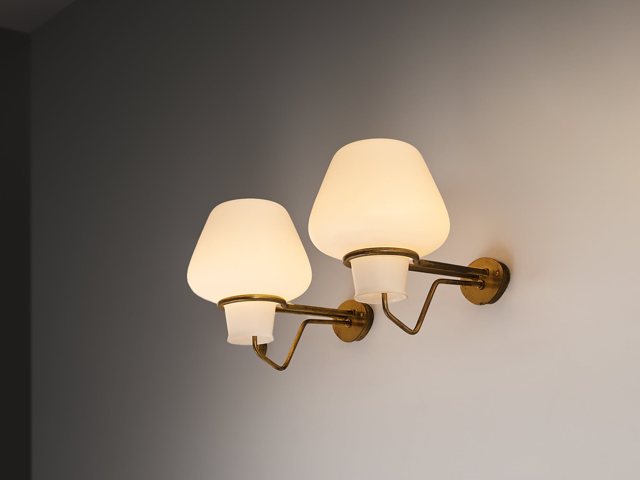 Gunnar Asplund for ASEA Set of Four Wall Lights in Opaline Glass and Brass