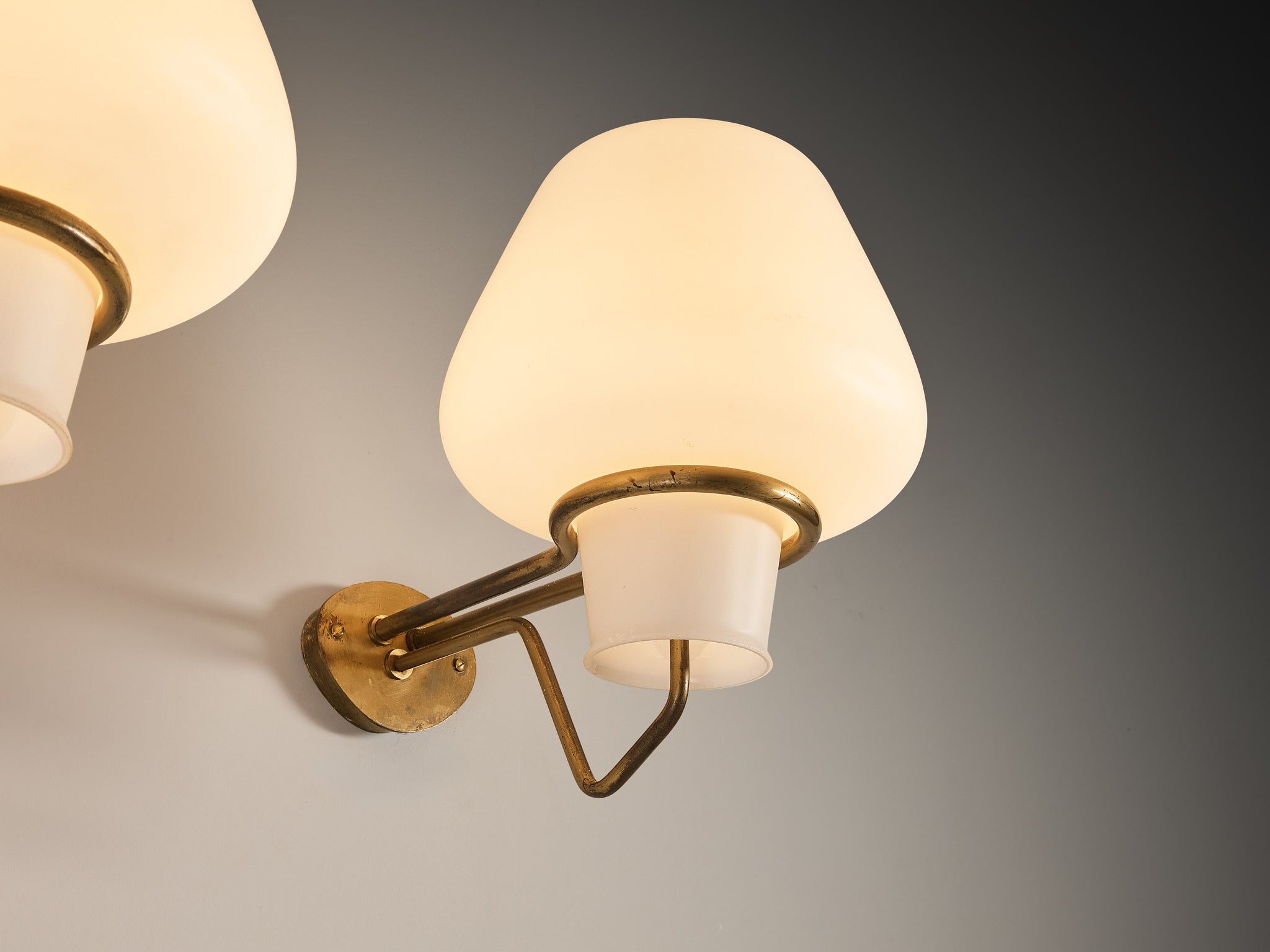 Gunnar Asplund for ASEA Set of Four Wall Lights in Opaline Glass and Brass