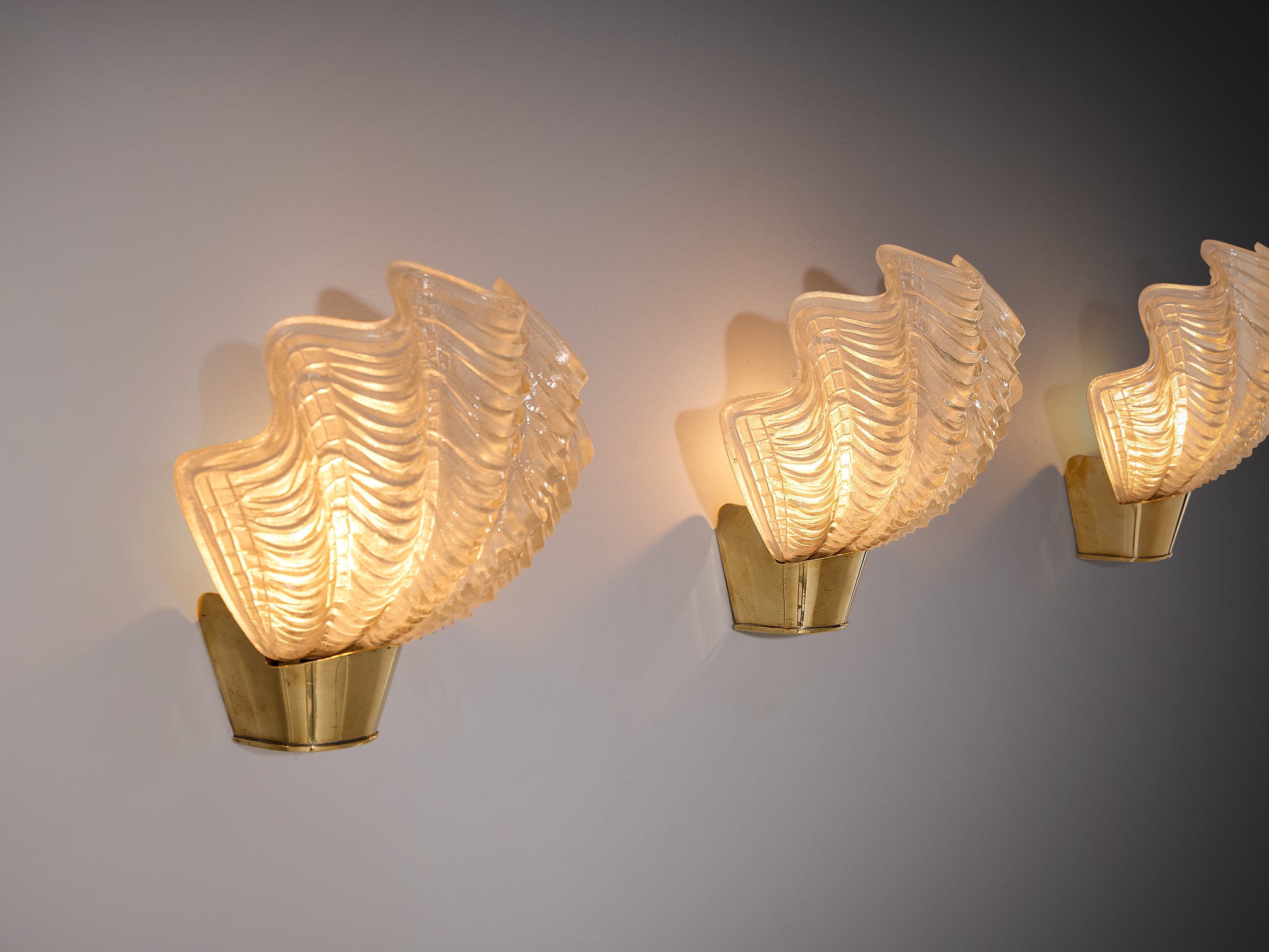 Set of Six ASEA 'Coquille' Shell Shaped Wall Lights in Brass and Glass Lighting Morentz