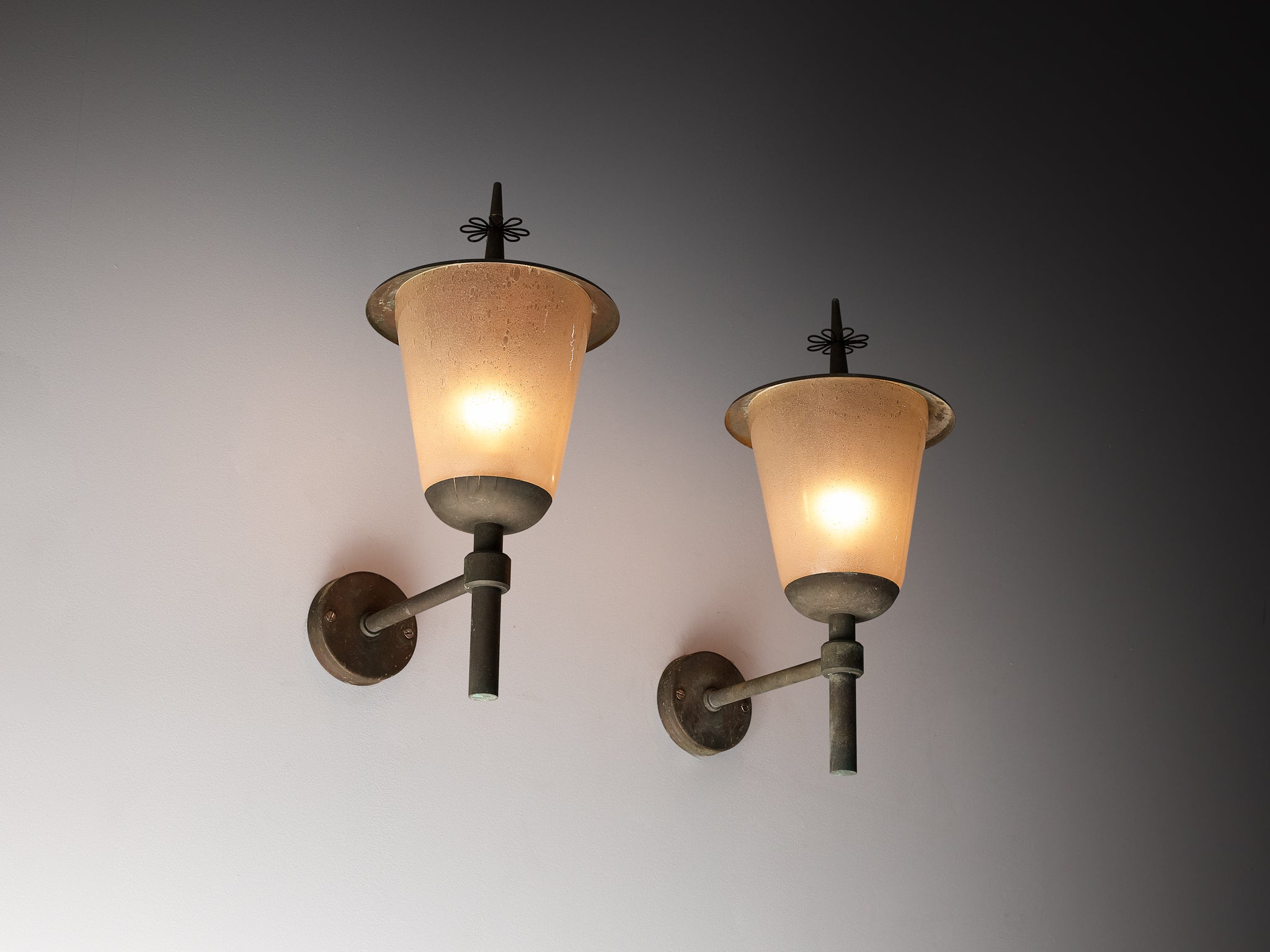 Pair of Swedish Wall Lights in Patinated Copper with Glass Lighting Morentz