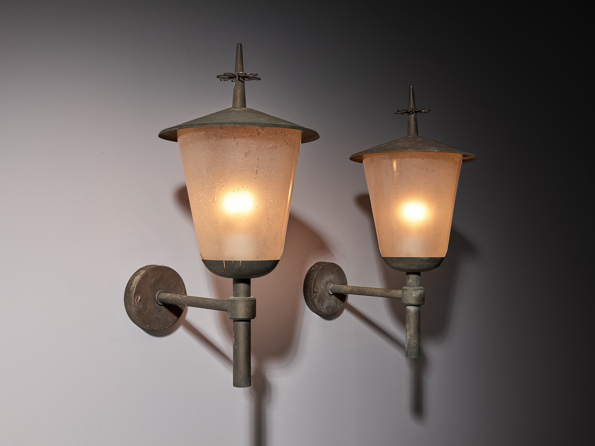 Pair of Swedish Wall Lights in Patinated Copper with Glass Lighting Morentz