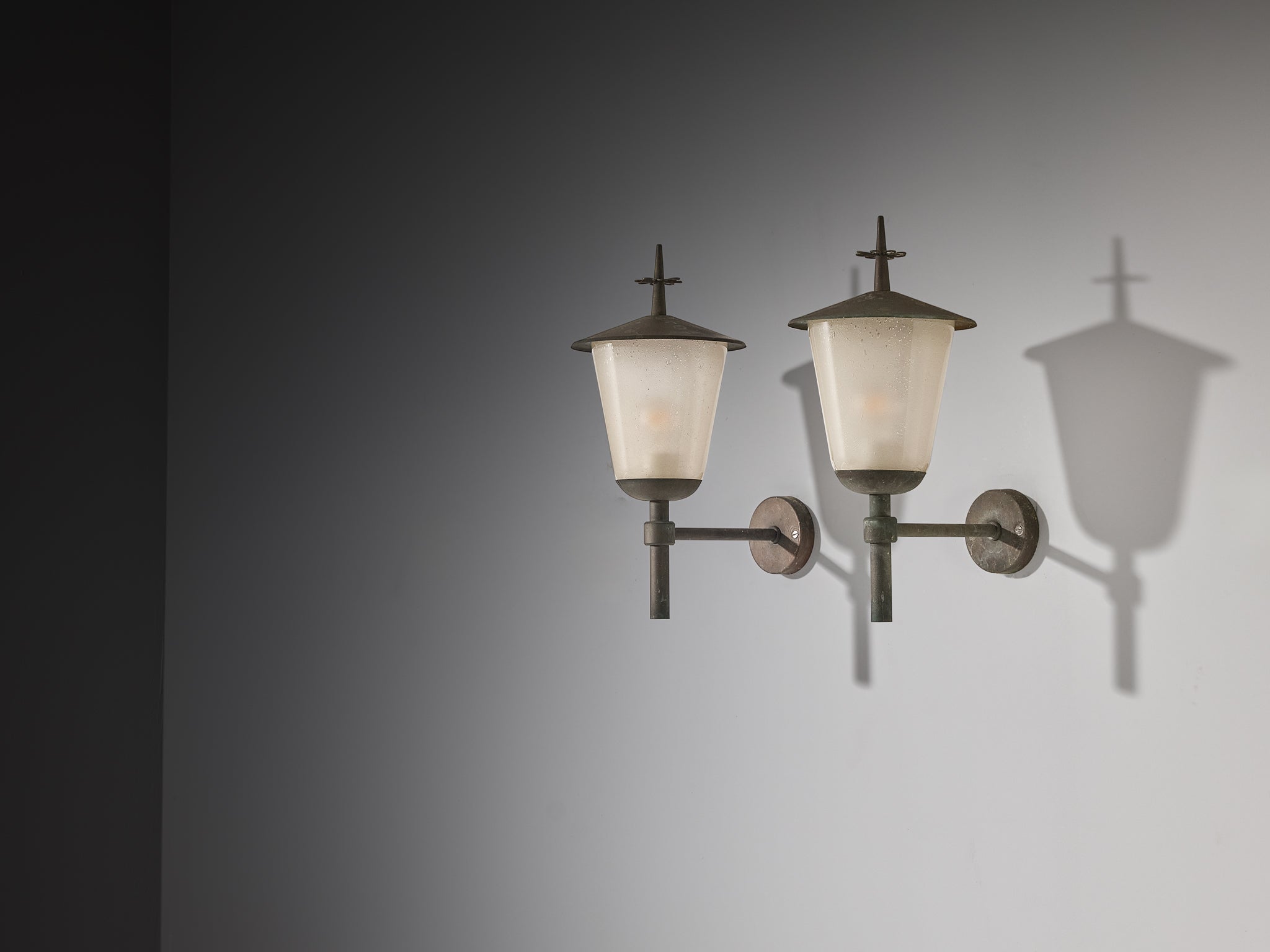 Pair of Swedish Wall Lights in Patinated Copper with Glass Lighting Morentz