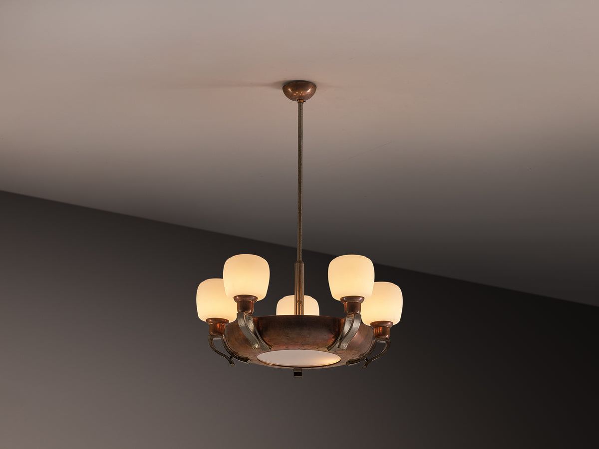 Italian Art Deco Chandelier in Copper and Brass Lighting Morentz