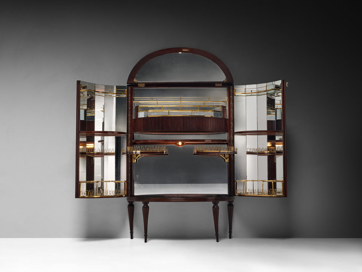Italian Art Deco Bar Cabinet in Red Stained Walnut, Brass and Mirrored Glass Case pieces and storage cabinets Morentz