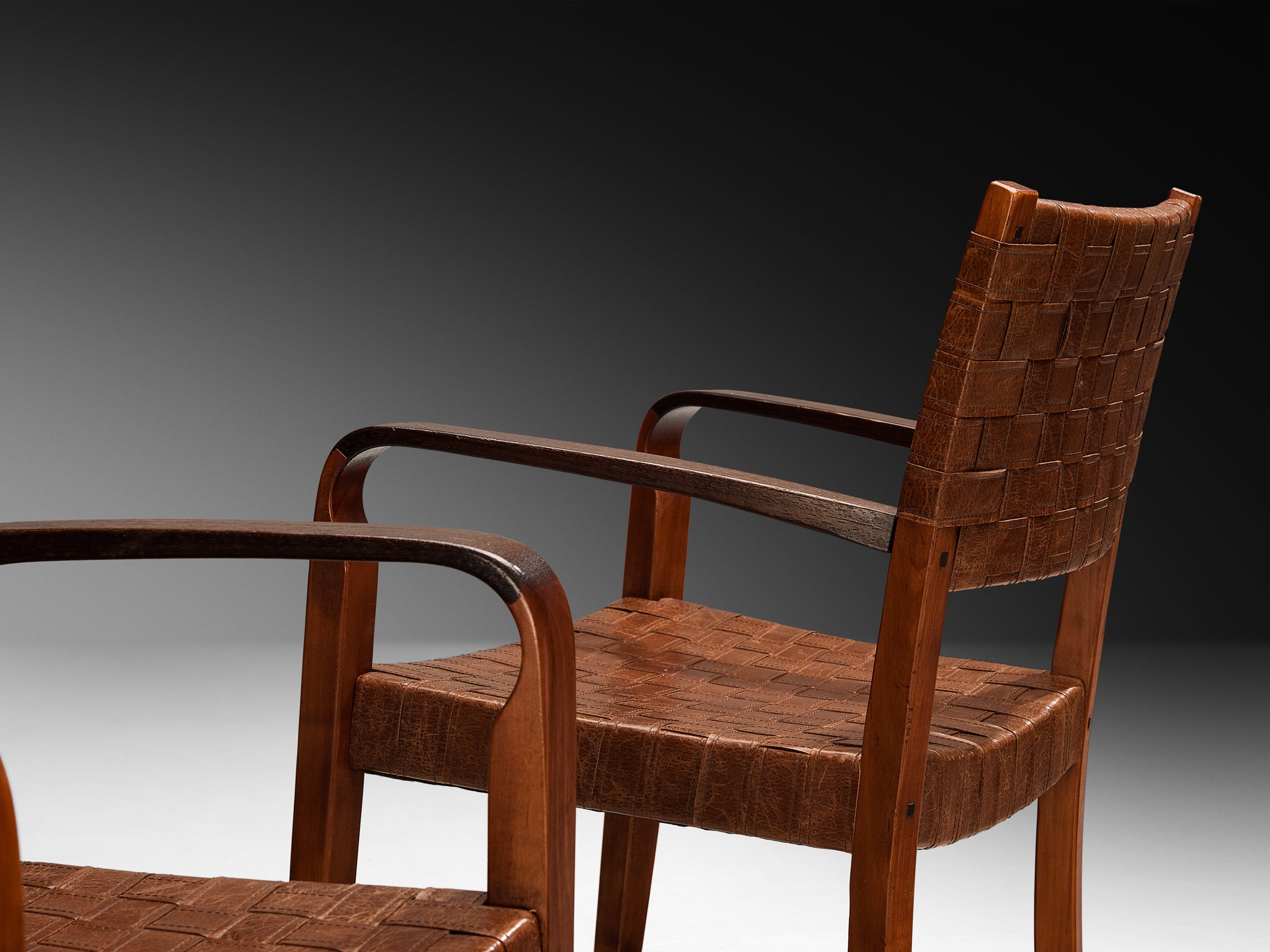 Frits Schuitema Pair of Dining Chairs in Wood and Leather Seating Morentz
