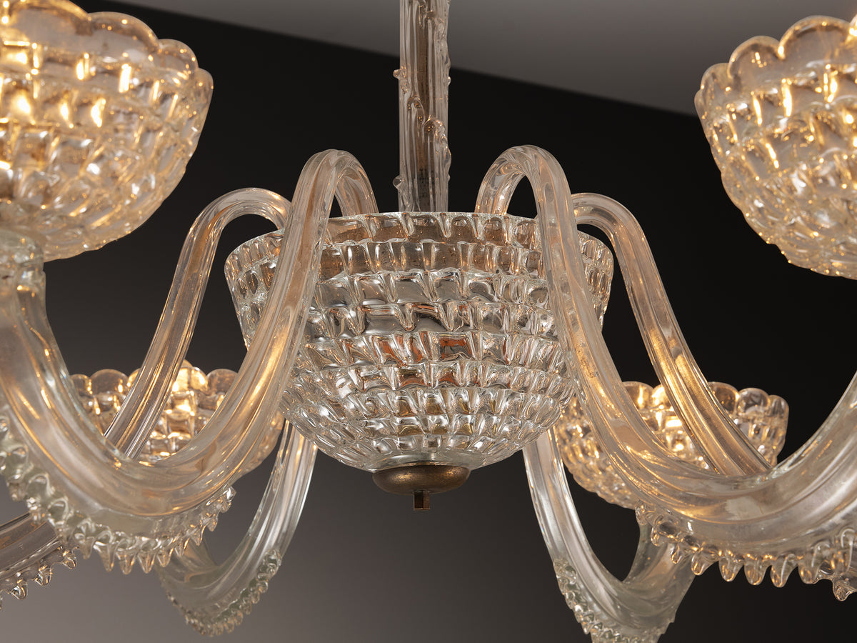 Italian Art Deco Six Arm Chandelier with in Murano Glass 107cm/42 in Wide Lighting Morentz