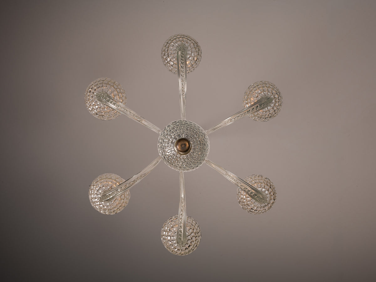 Italian Art Deco Six Arm Chandelier with in Murano Glass 107cm/42 in Wide Lighting Morentz