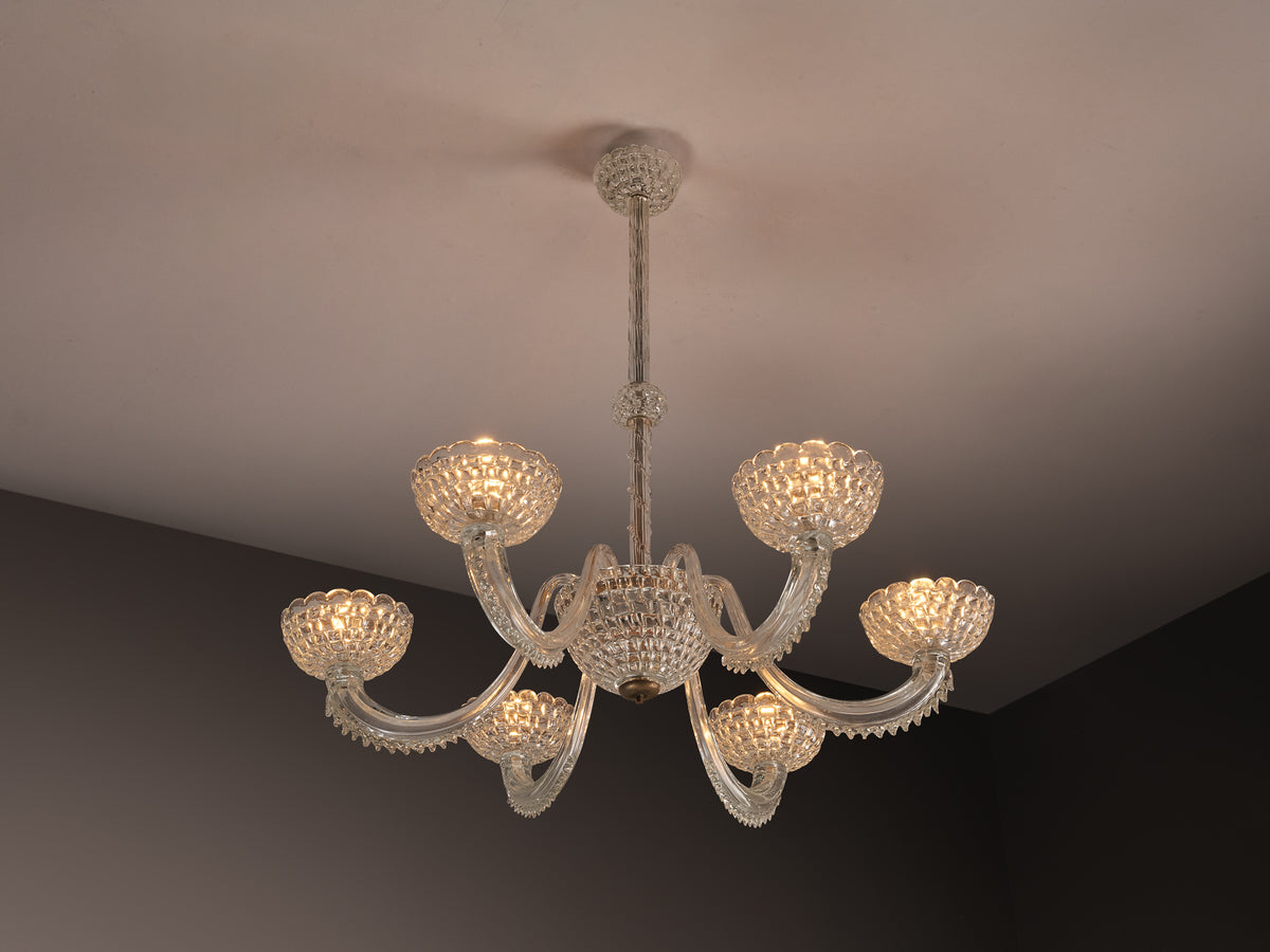 Italian Art Deco Six Arm Chandelier with in Murano Glass 107cm/42 in Wide Lighting Morentz