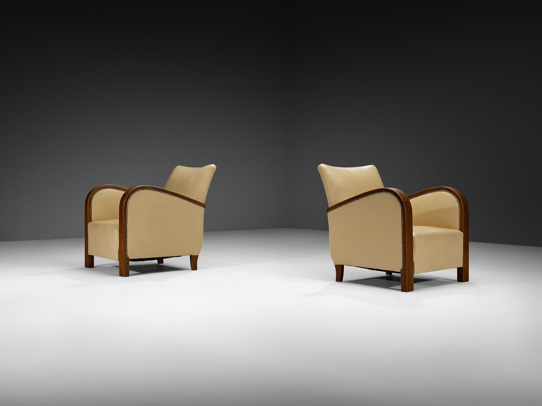 Pair of Sculptural Art Deco Armchairs with Brass Detailing Seating Morentz