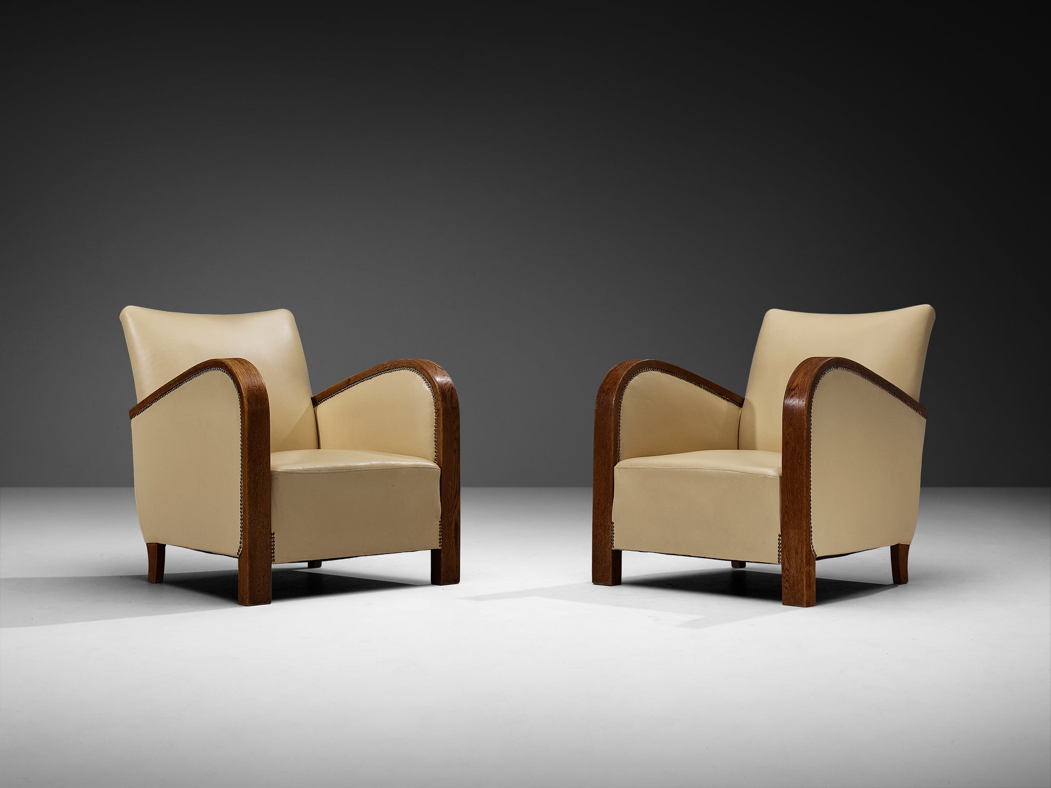 Pair of Sculptural Art Deco Armchairs with Brass Detailing Seating Morentz