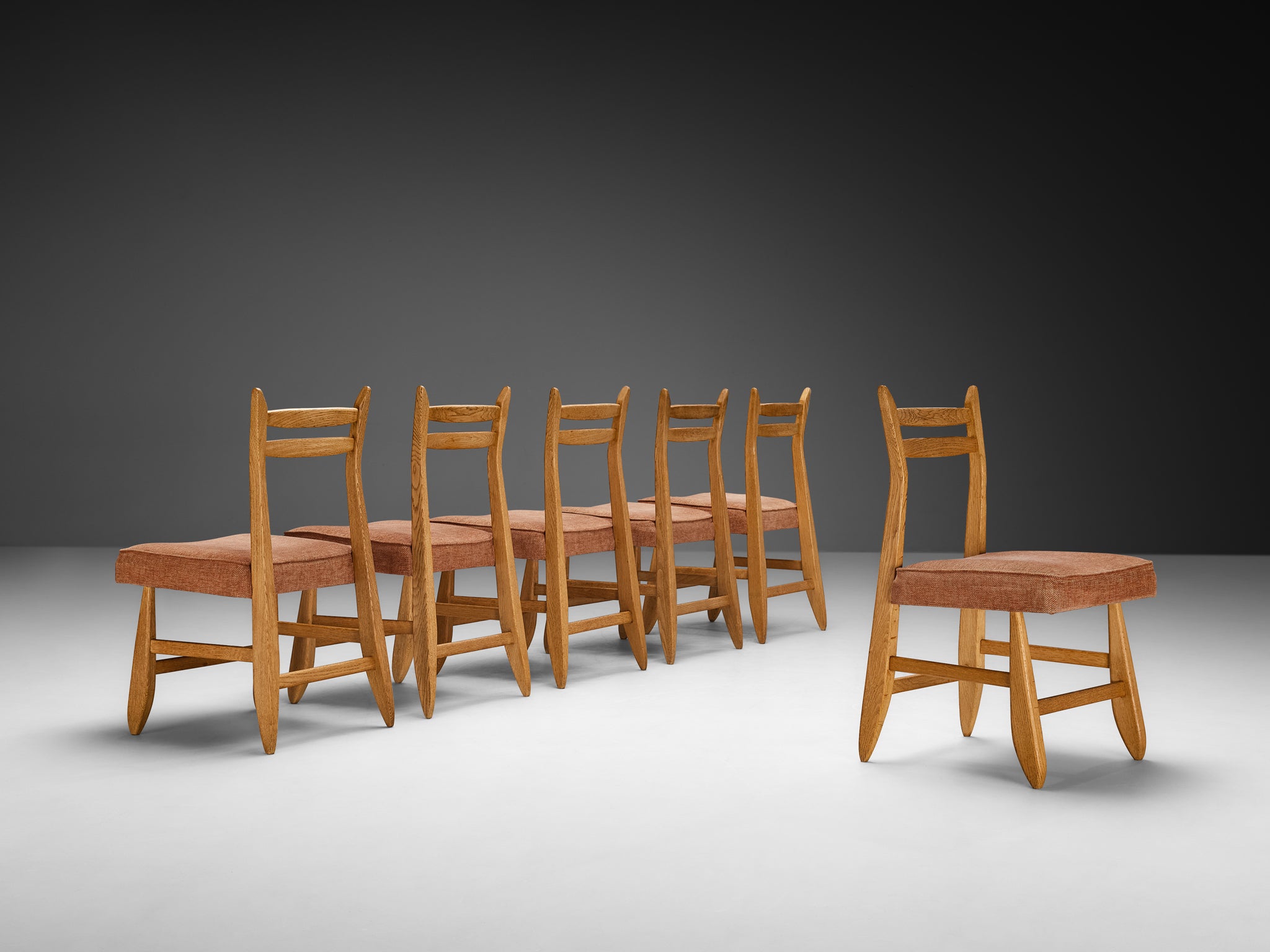 Guillerme & Chambron for Votre Maison Set of Six Dining Chairs in Oak Orange Seats Seating Morentz
